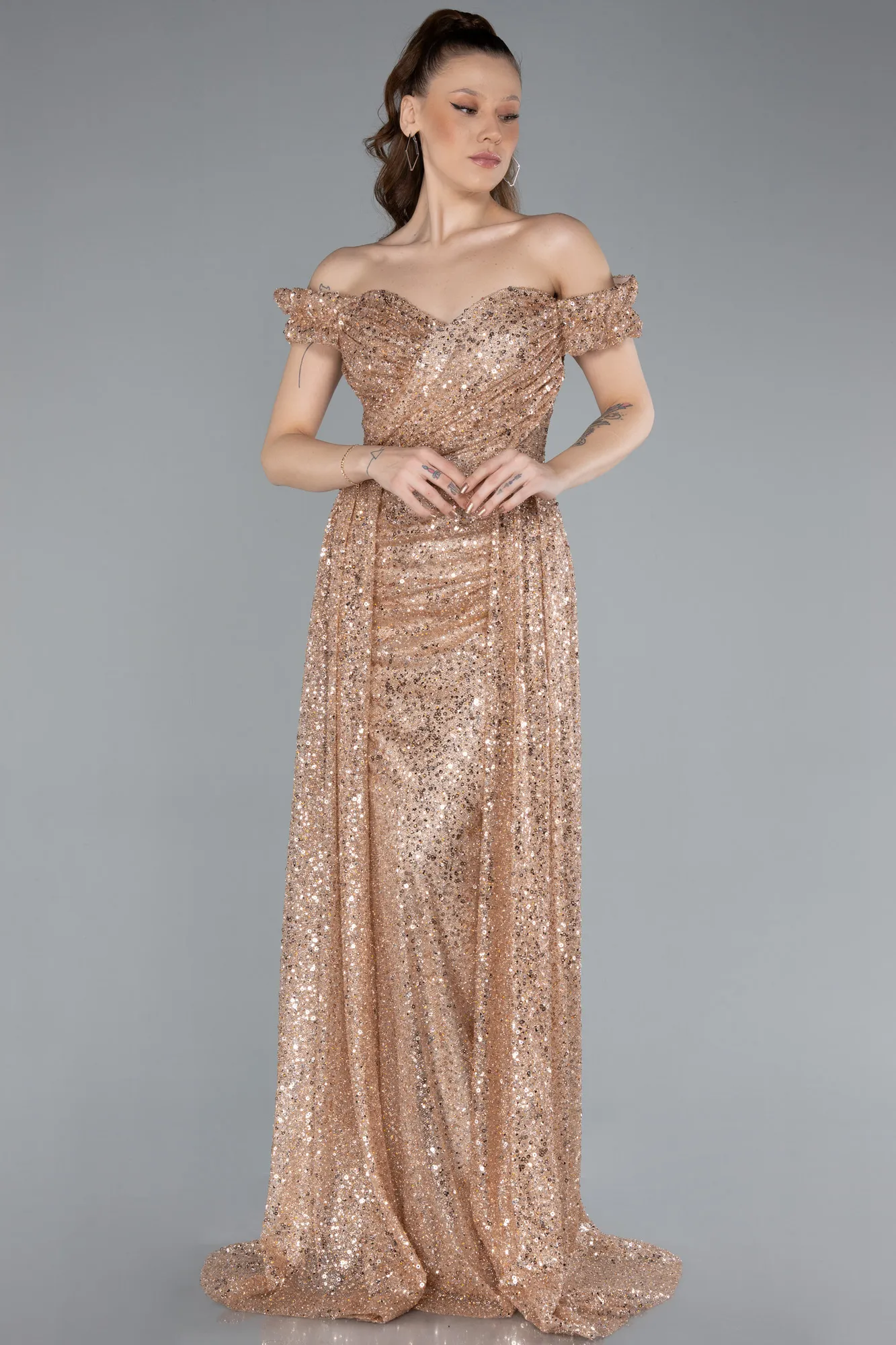 Gold-Boat Neck Tail Long Stone Evening Gown ABU4224