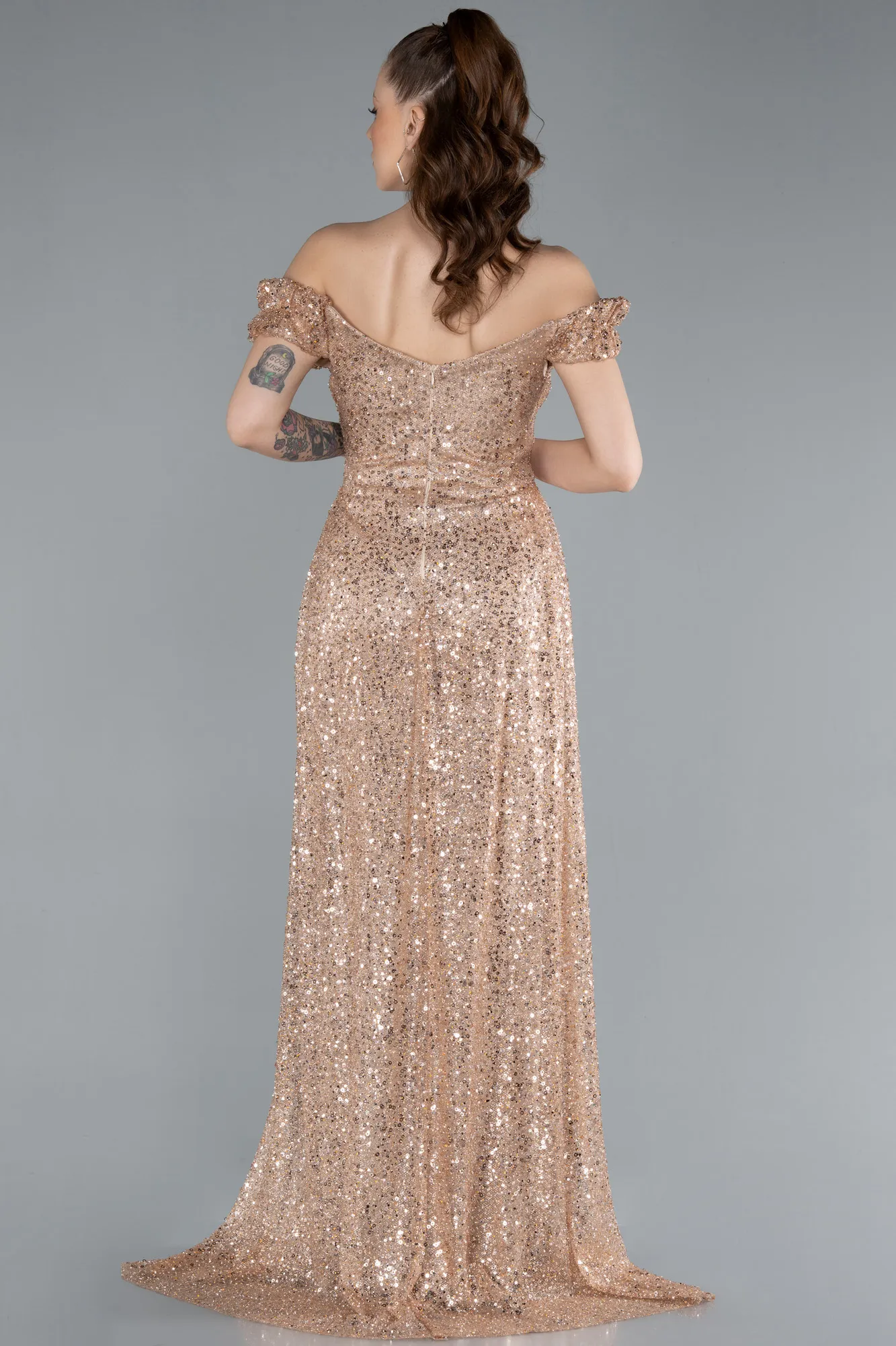 Gold-Boat Neck Tail Long Stone Evening Gown ABU4224