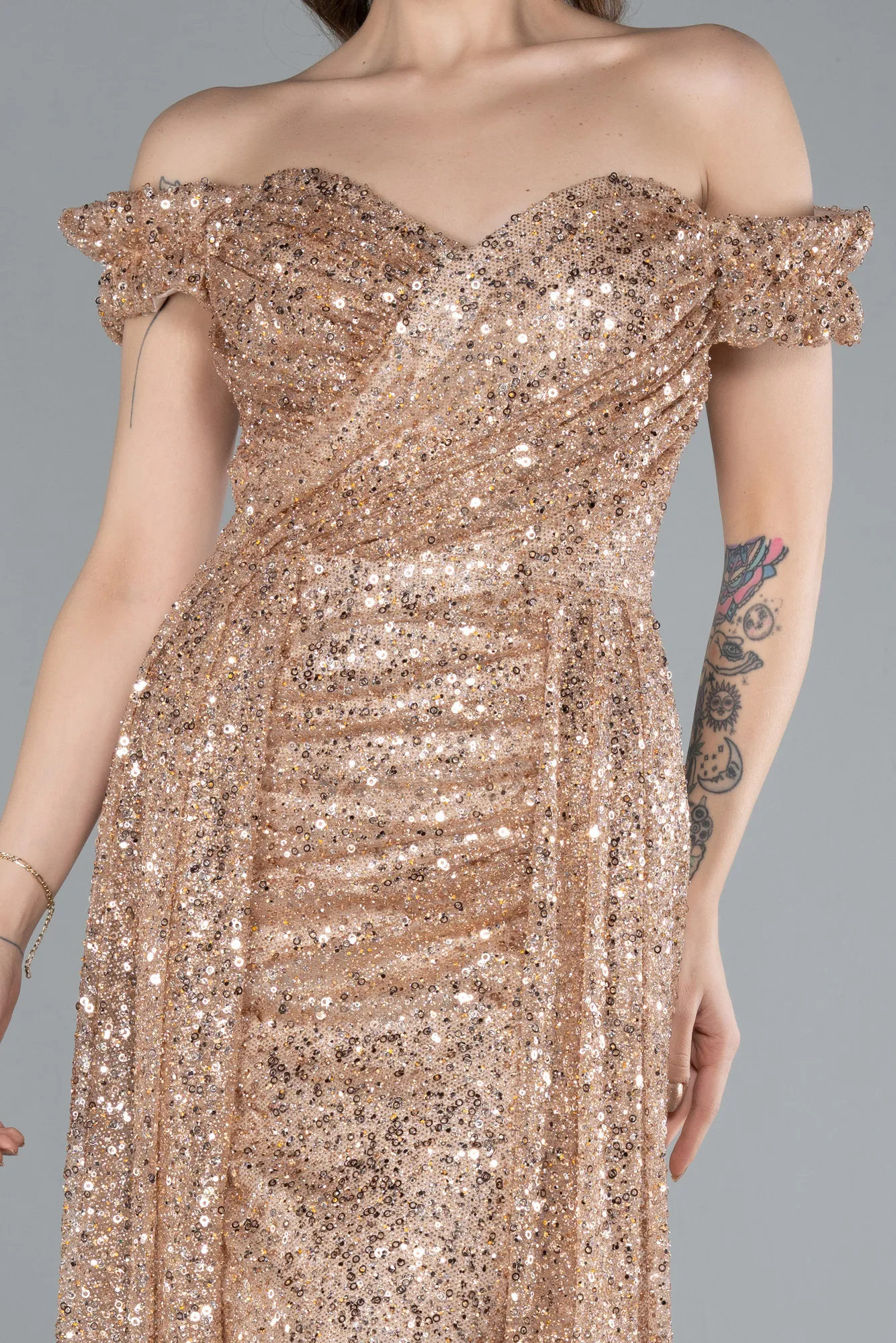 Gold-Boat Neck Tail Long Stone Evening Gown ABU4224