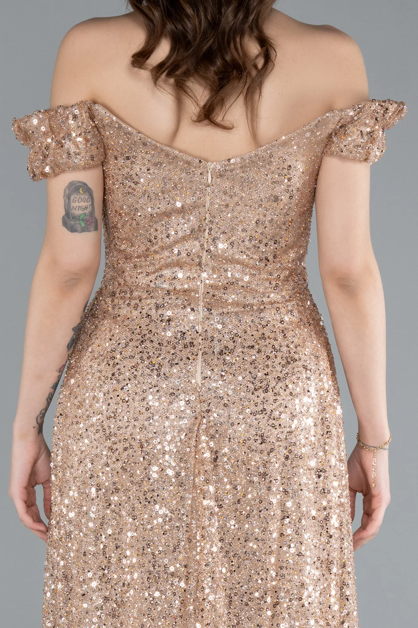 Gold-Boat Neck Tail Long Stone Evening Gown ABU4224