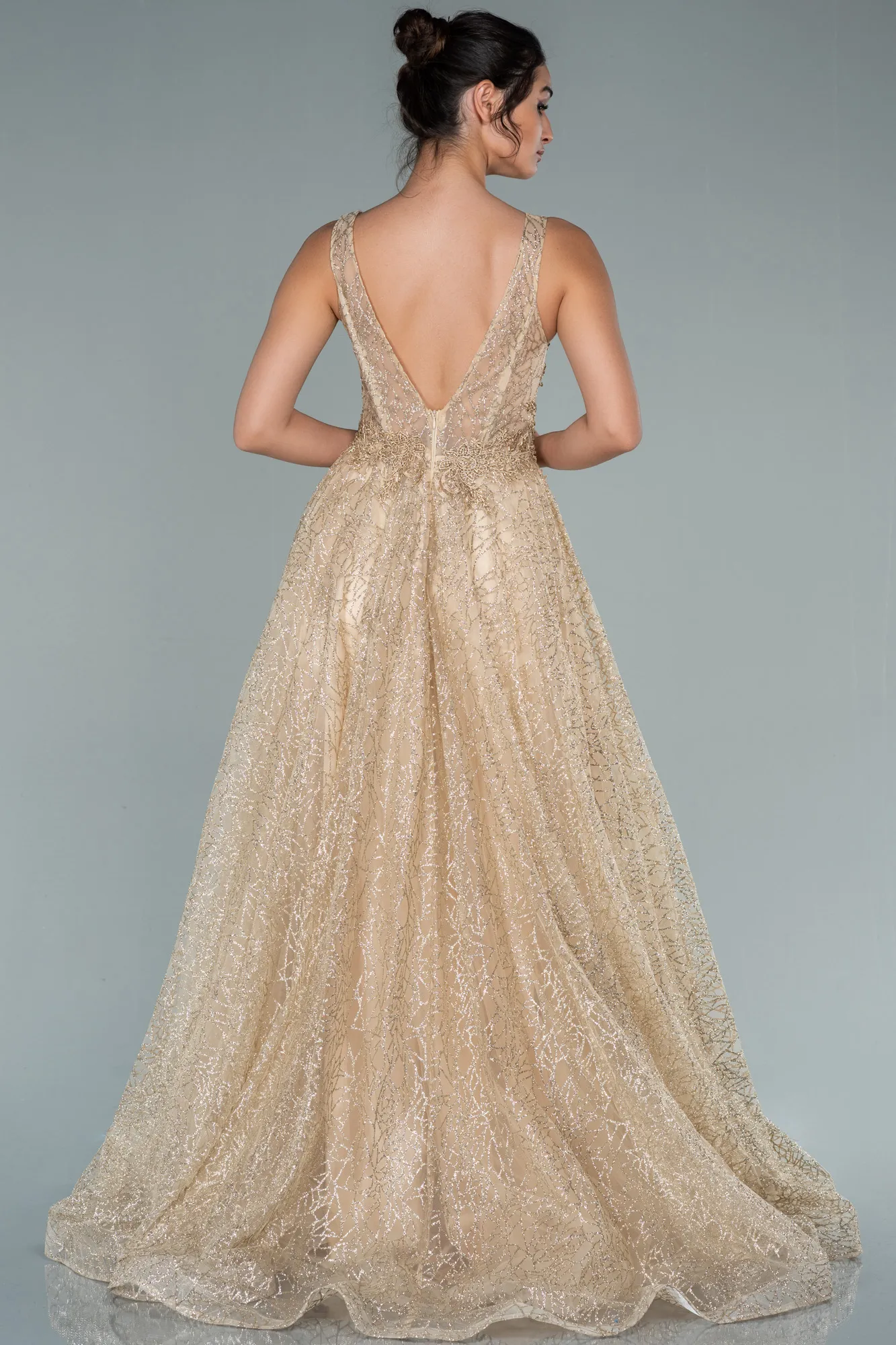 Gold-Embroidered Bodice Dusty Rose Tulle Evening Gown ABU2131