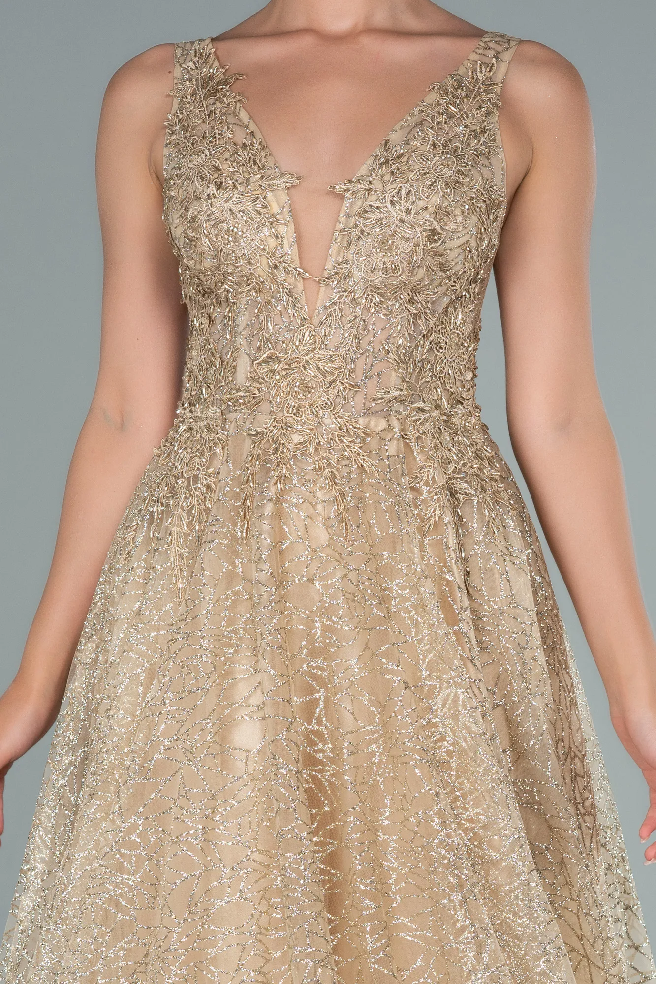 Gold-Embroidered Bodice Dusty Rose Tulle Evening Gown ABU2131