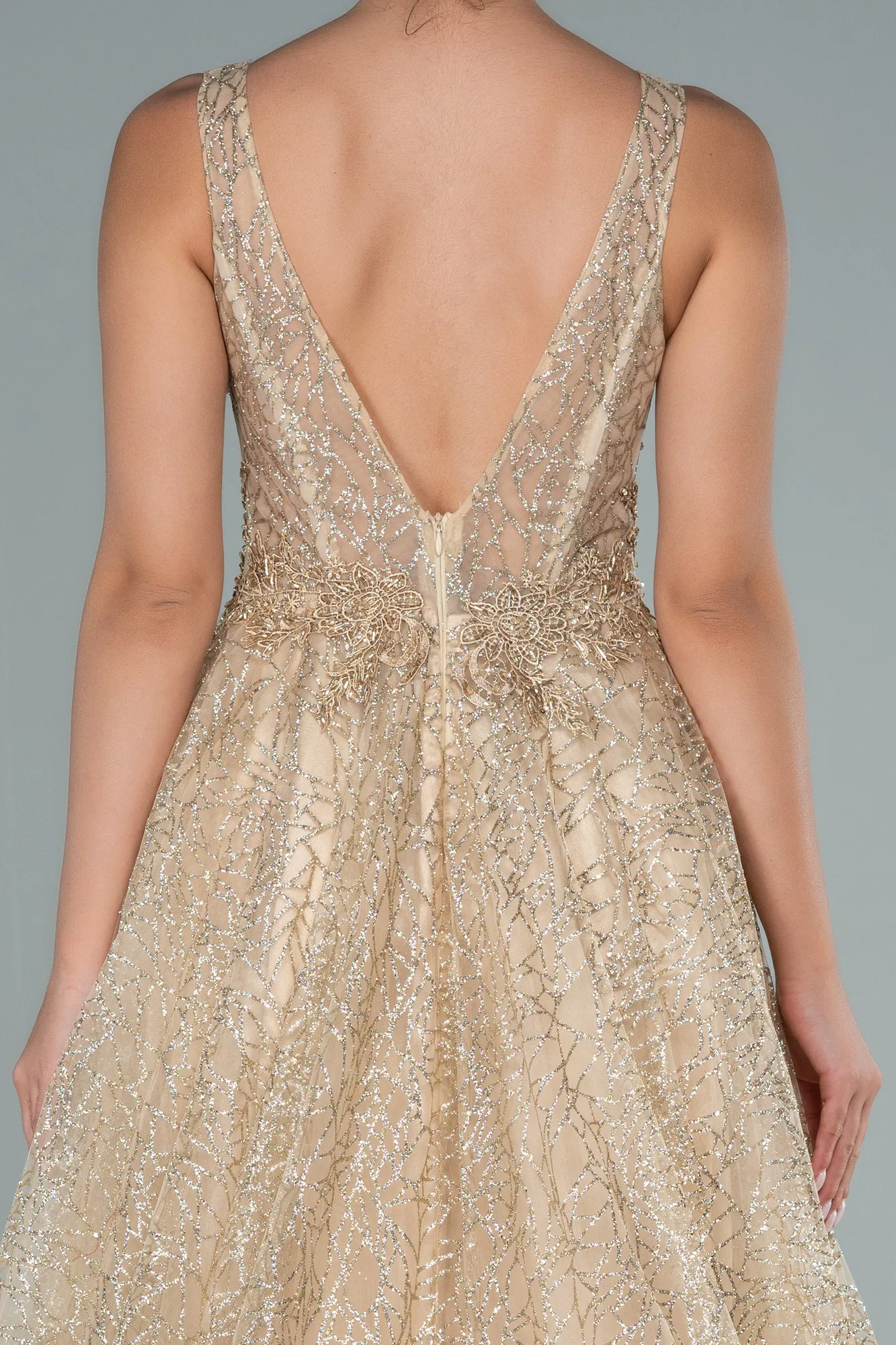 Gold-Embroidered Bodice Dusty Rose Tulle Evening Gown ABU2131