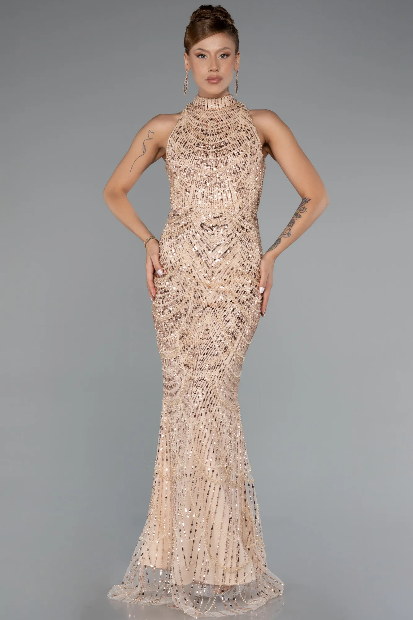 Gold-Halter Neck Long Beaded Mermaid Evening Gown ABU4791