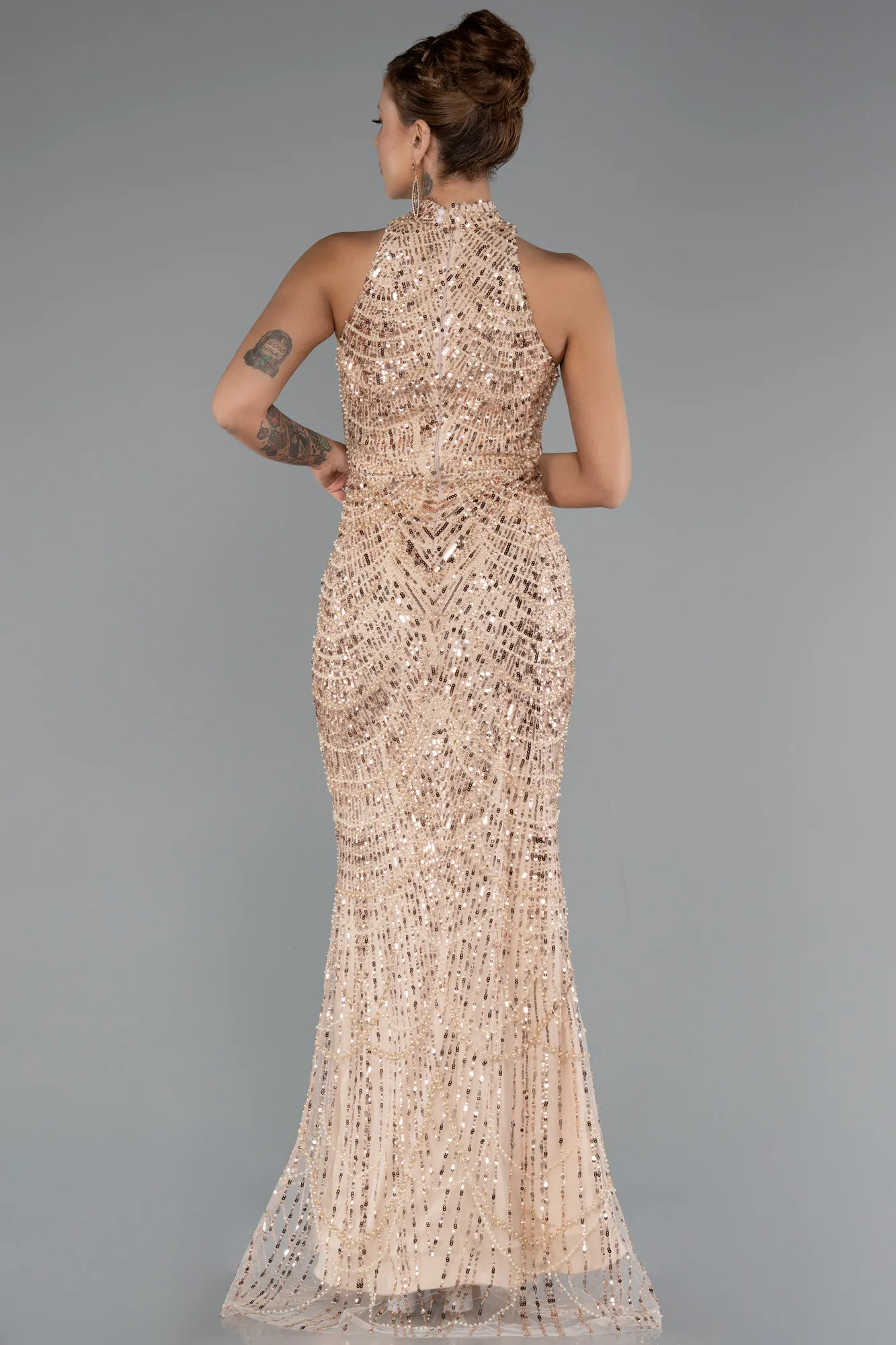 Gold-Halter Neck Long Beaded Mermaid Evening Gown ABU4791