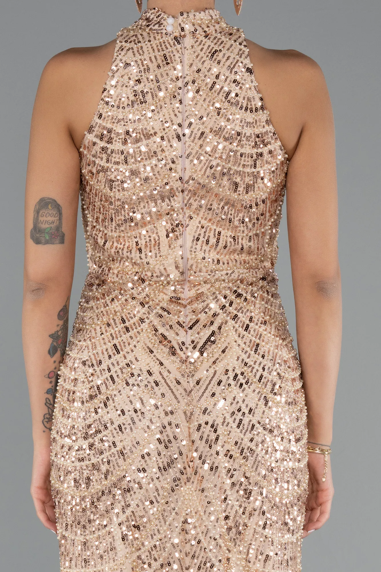 Gold-Halter Neck Long Beaded Mermaid Evening Gown ABU4791