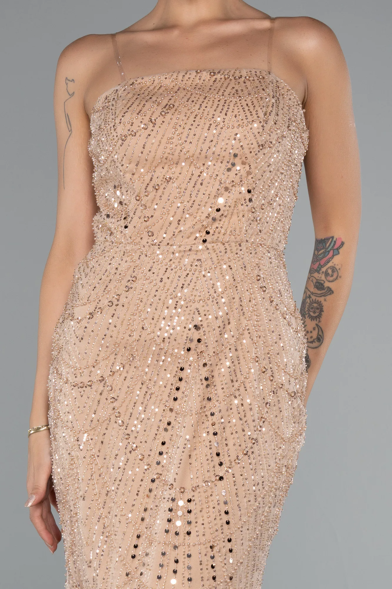 Gold-Long Beaded Evening Dress ABU5141