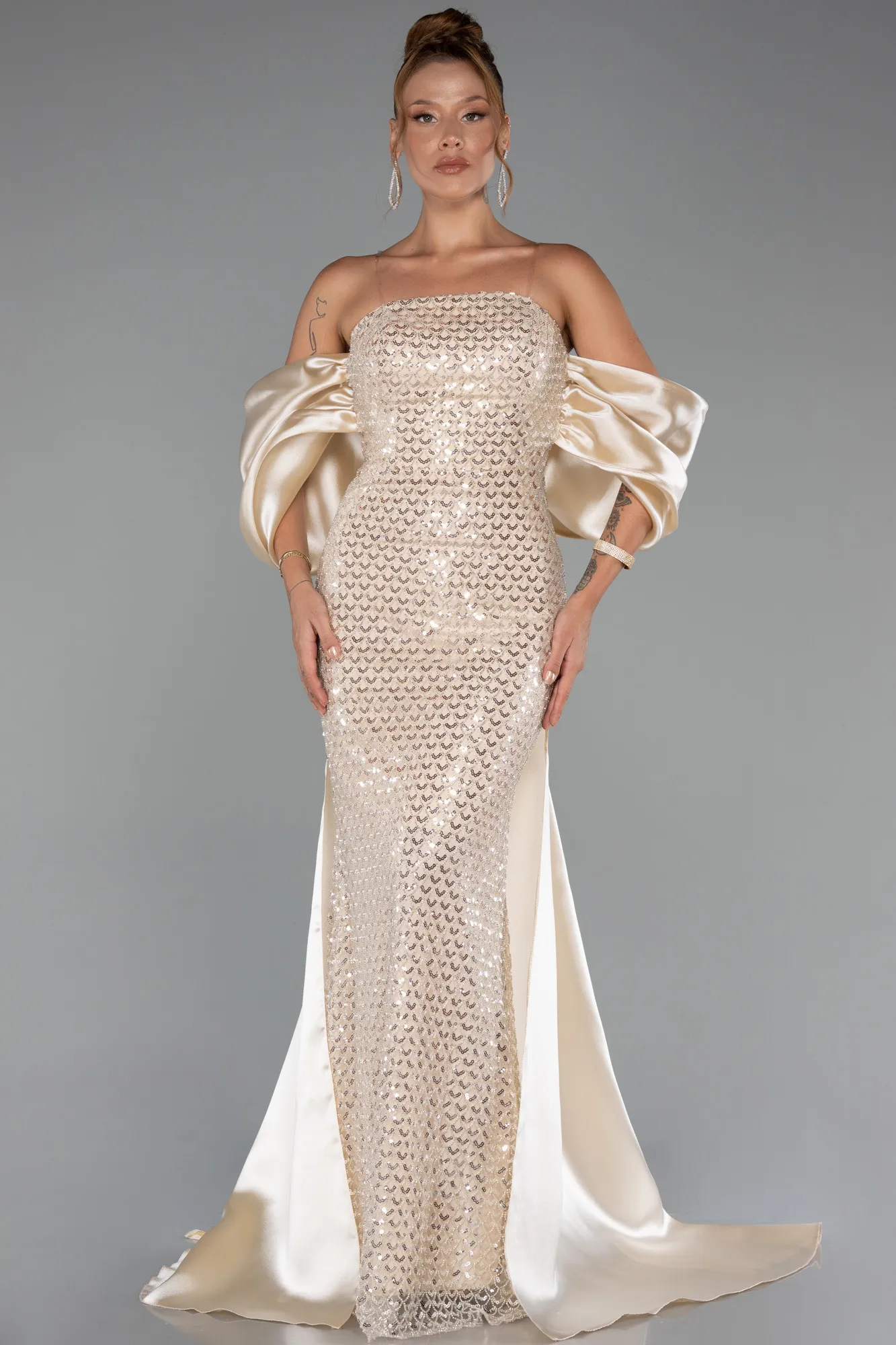 Gold-Long Beaded Evening Dress ABU5169
