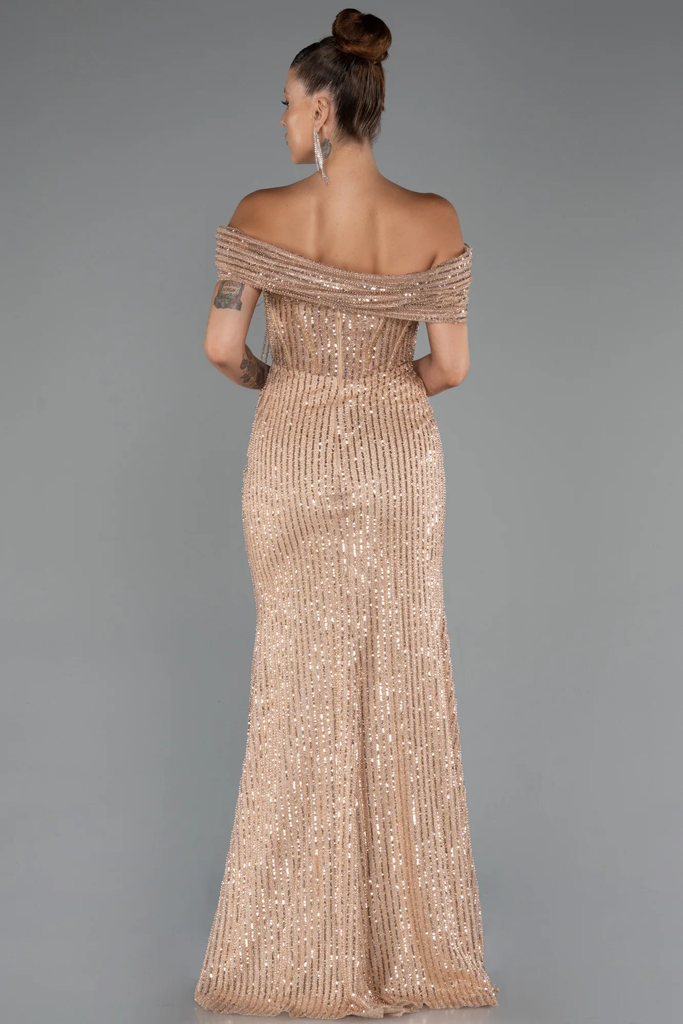 Gold-Long Beaded Evening Dress ABU5183