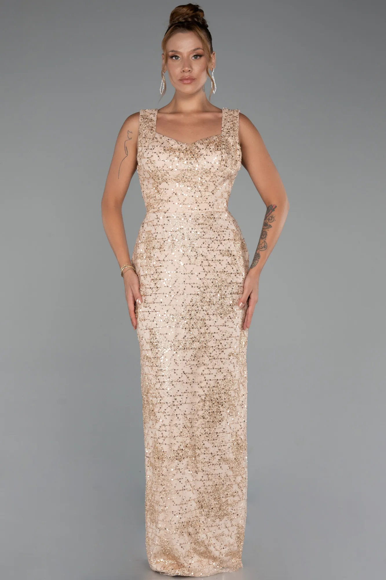 Gold-Long Beaded Evening Dress ABU5187