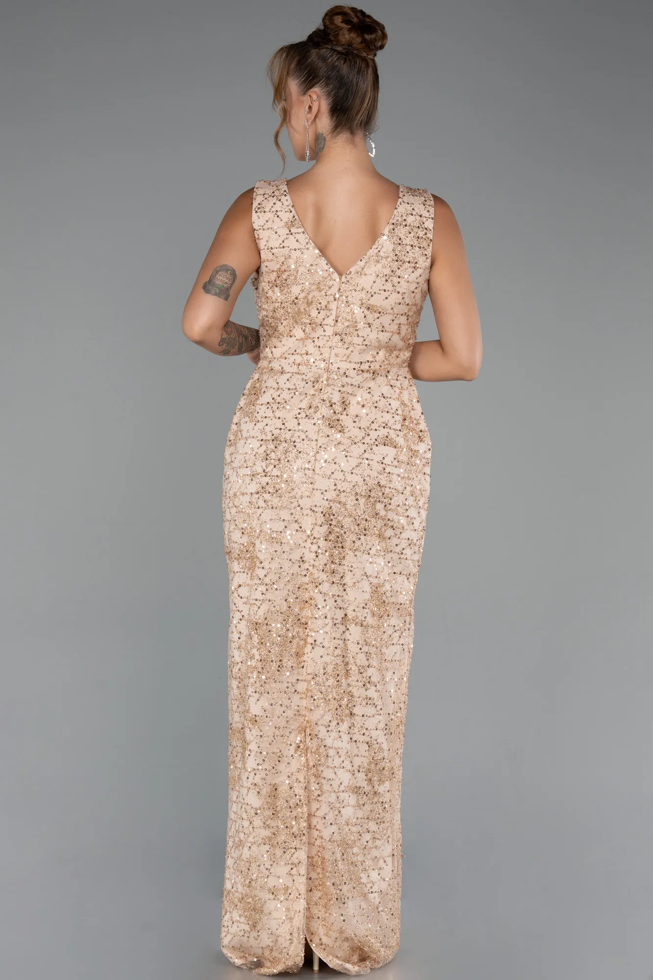 Gold-Long Beaded Evening Dress ABU5187