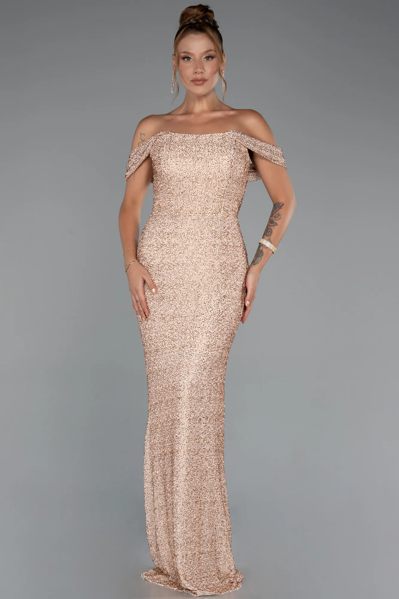 Gold-Long Beaded Evening Dress ABU5285