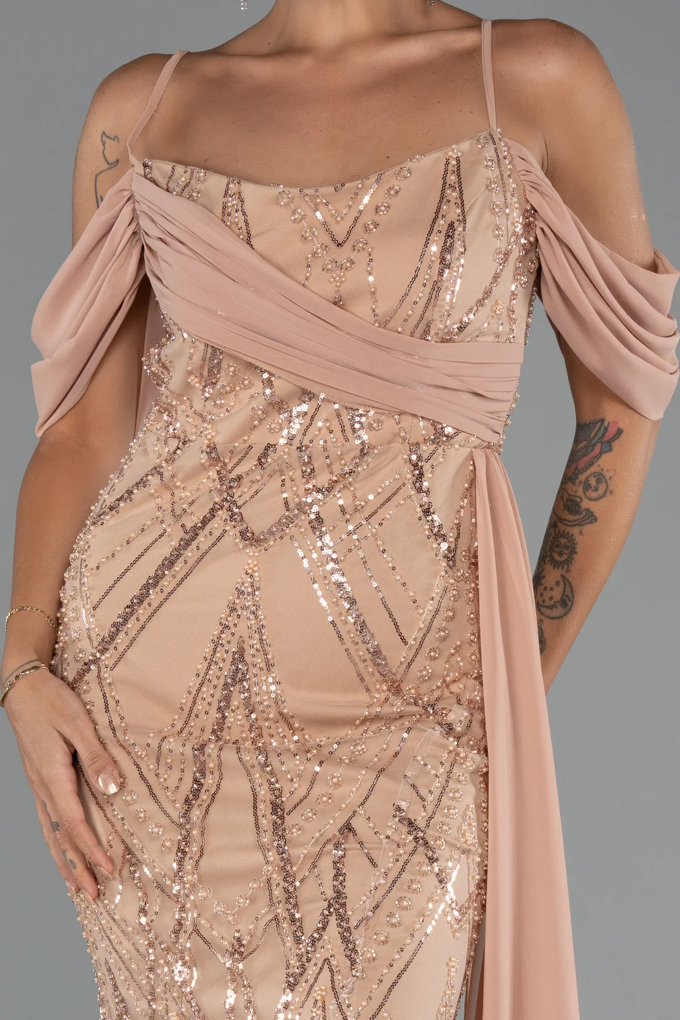 Gold-Long Beaded Evening Dress ABU5316