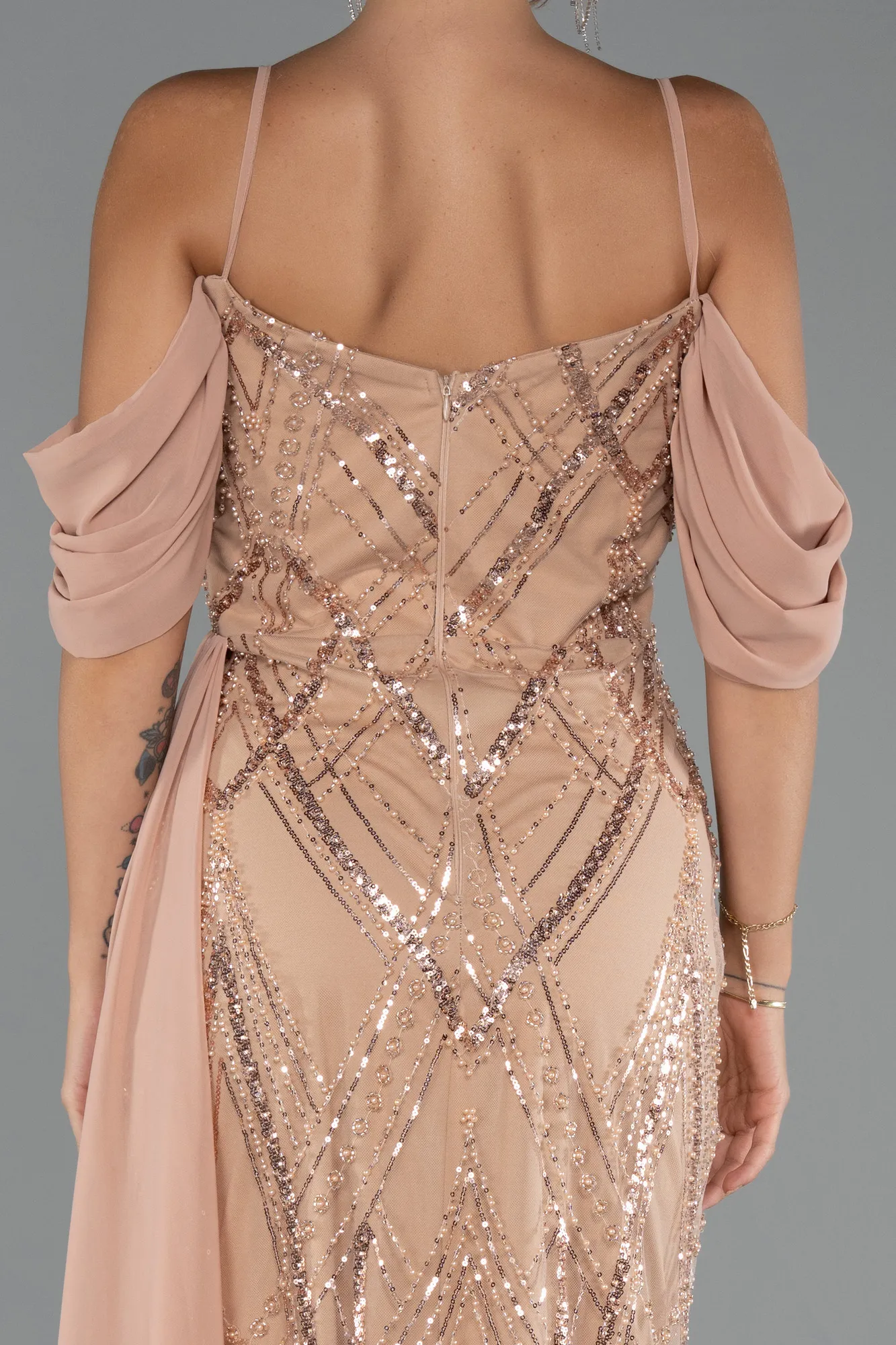 Gold-Long Beaded Evening Dress ABU5316