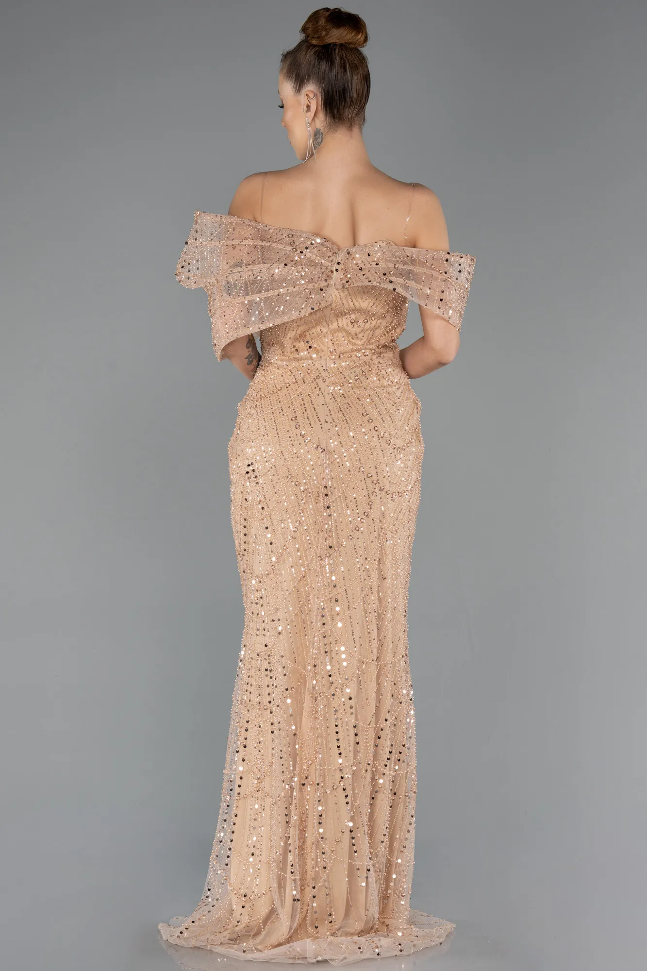 Gold-Long Beaded Evening Dress ABU5371