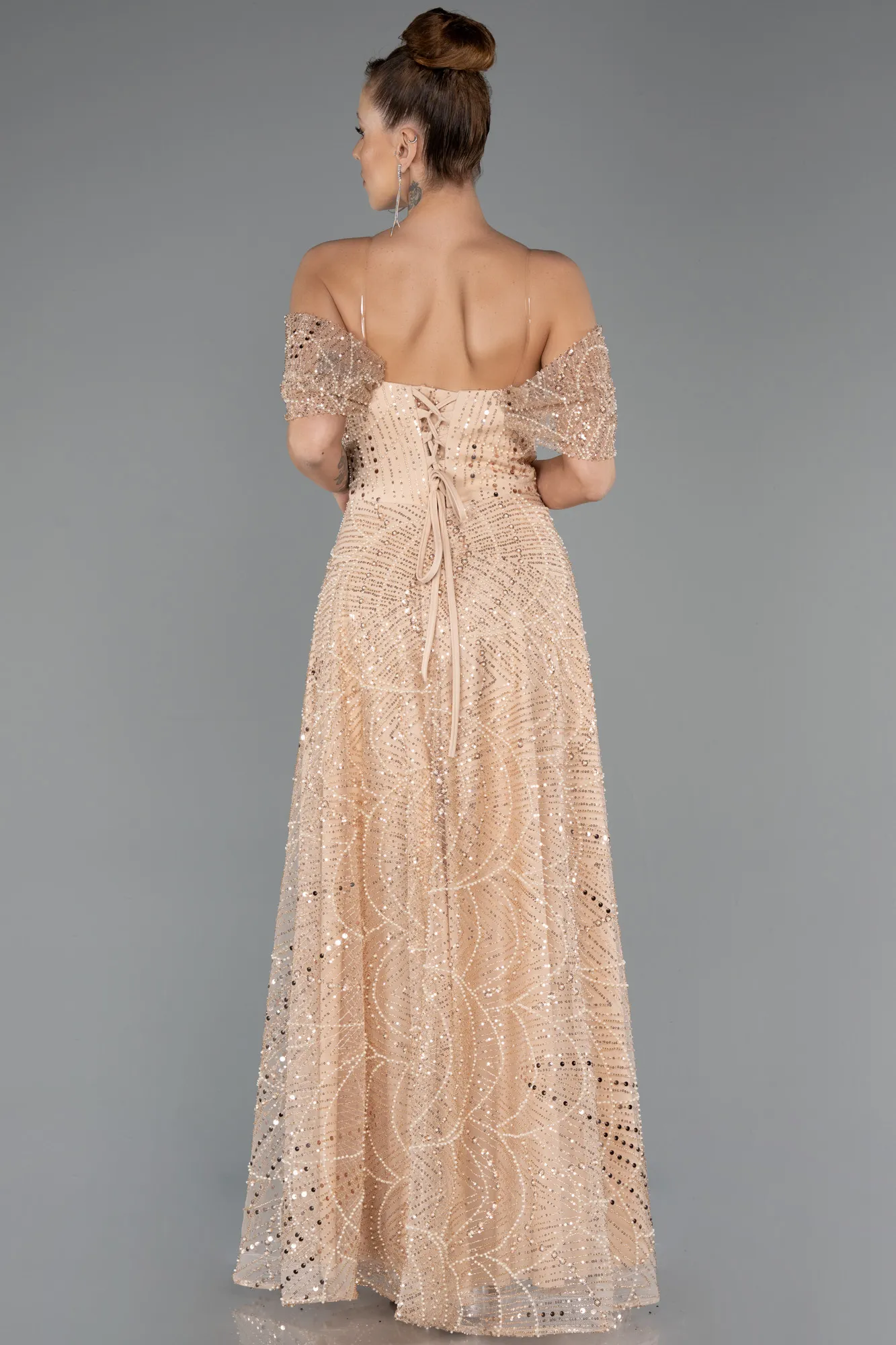 Gold-Long Beaded Evening Dress ABU5443