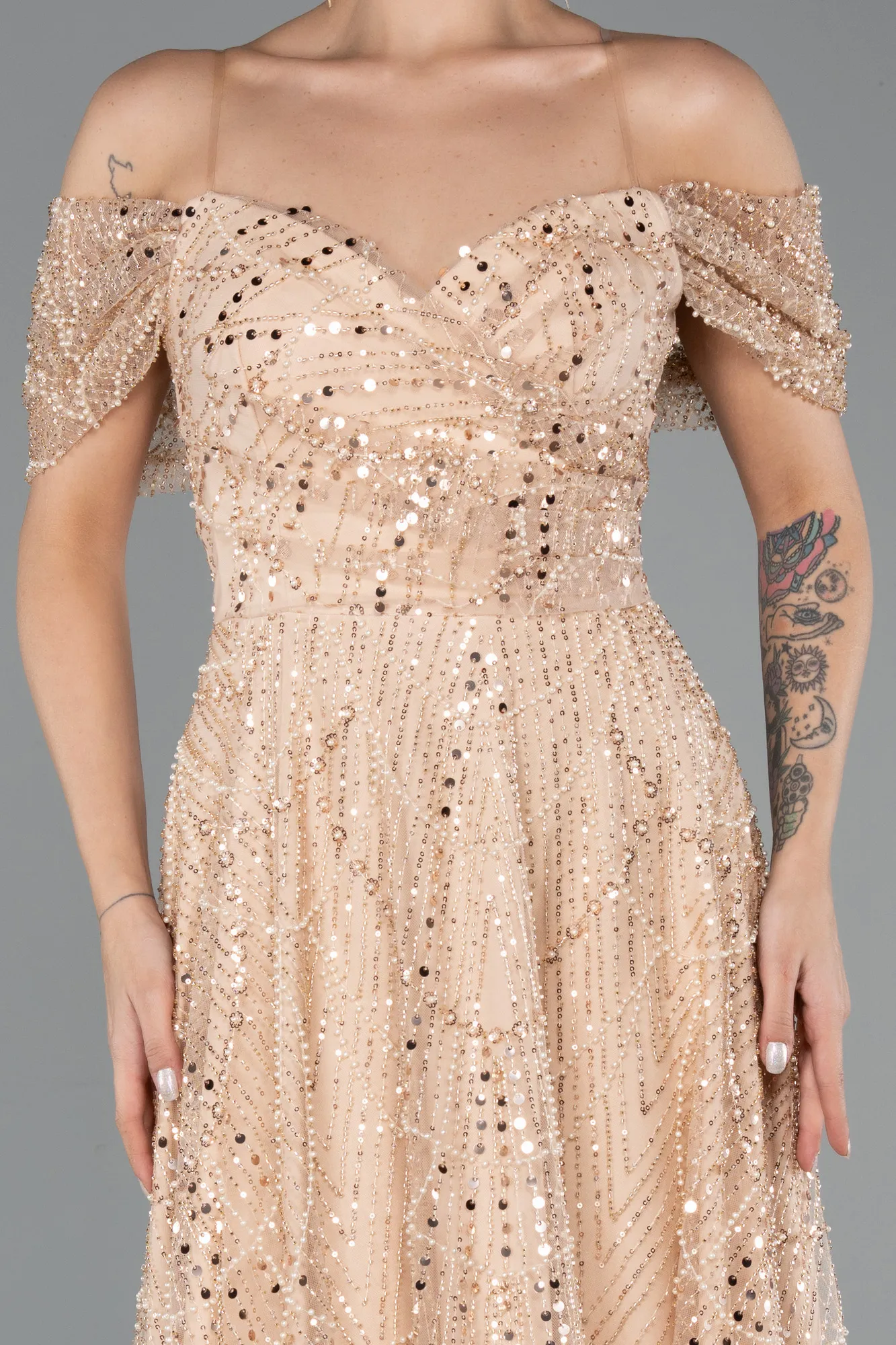 Gold-Long Beaded Evening Dress ABU5443