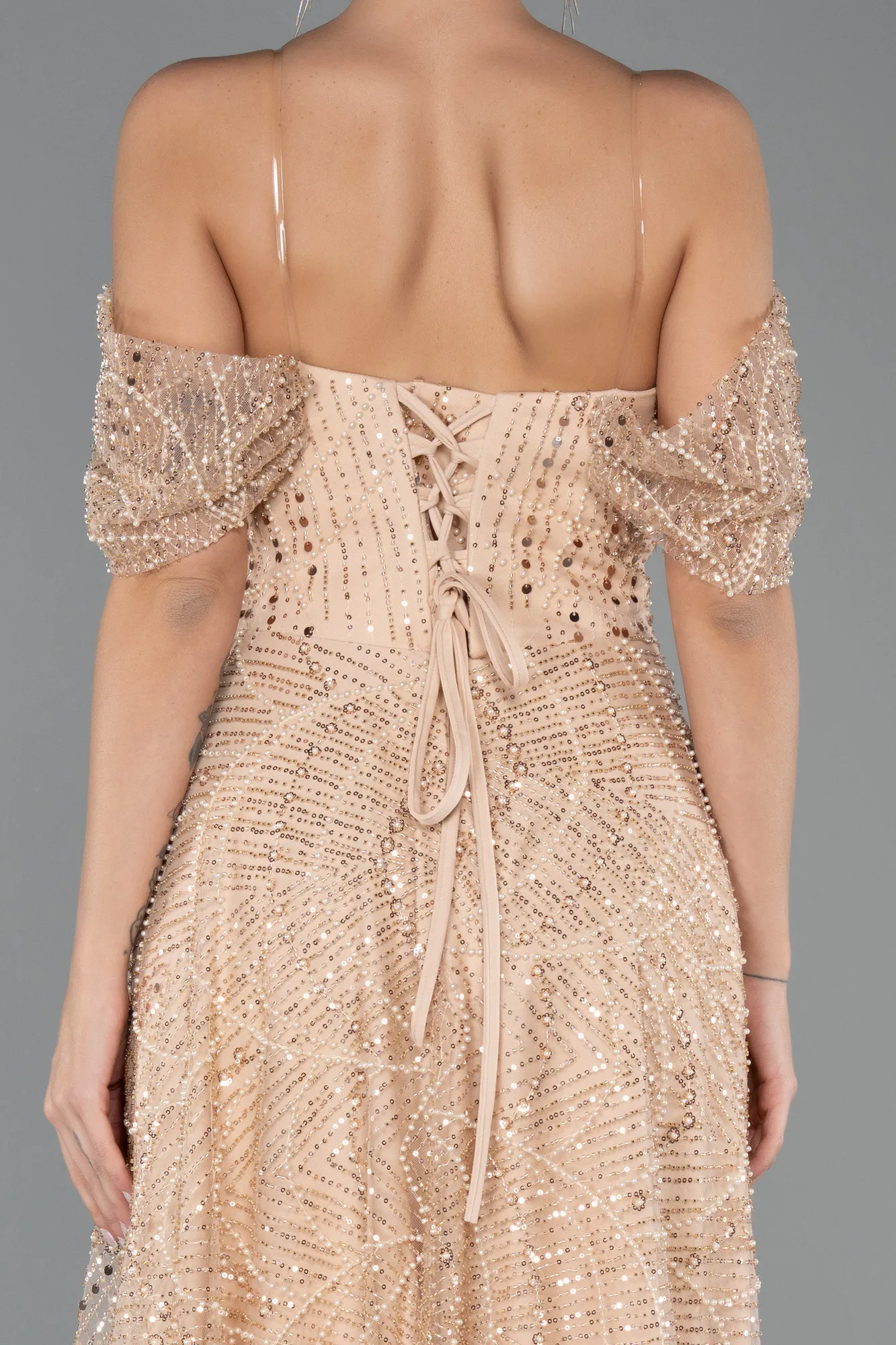 Gold-Long Beaded Evening Dress ABU5443