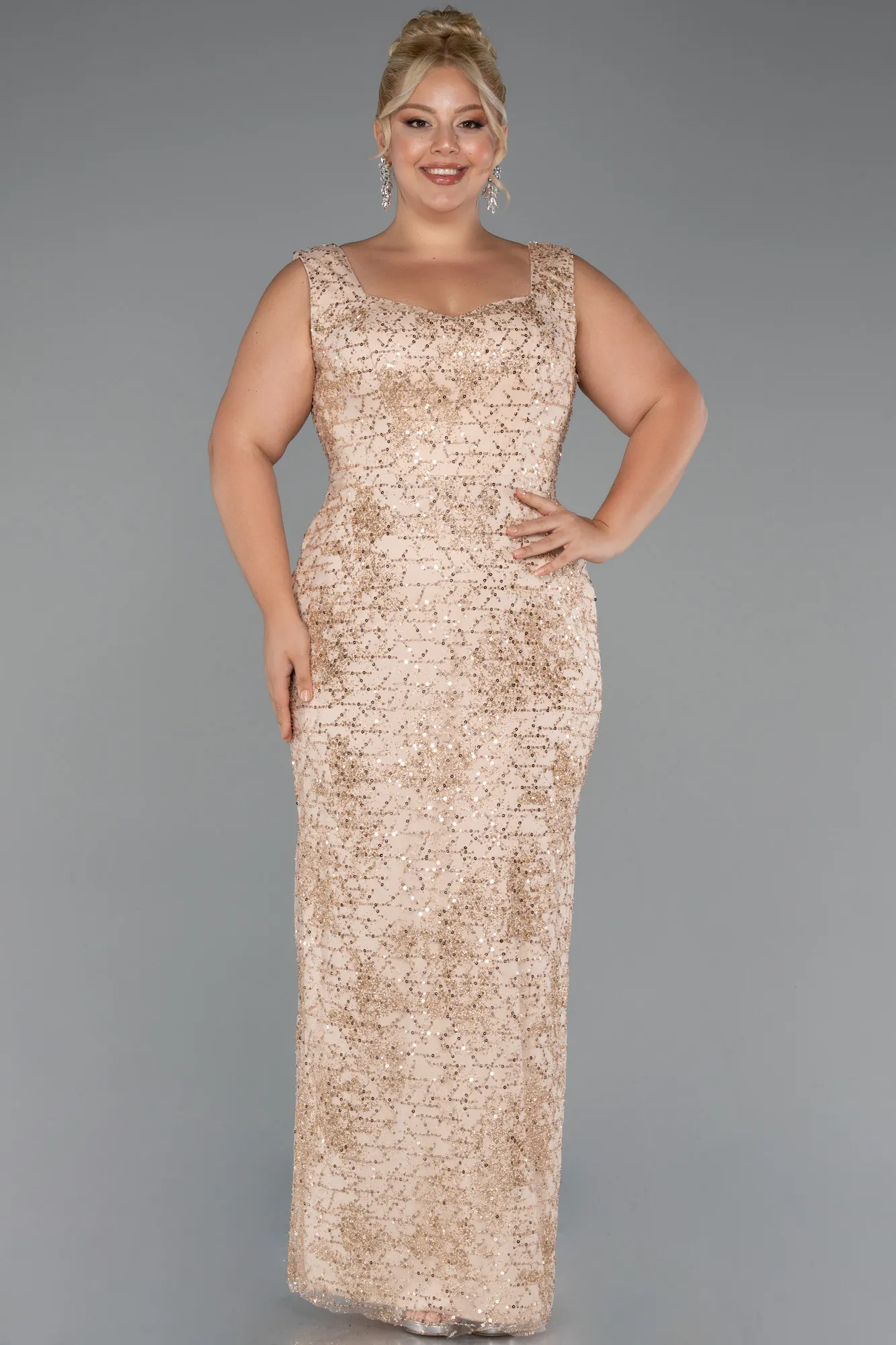 Gold-Long Beaded Formal Plus Size Dress ABU5190