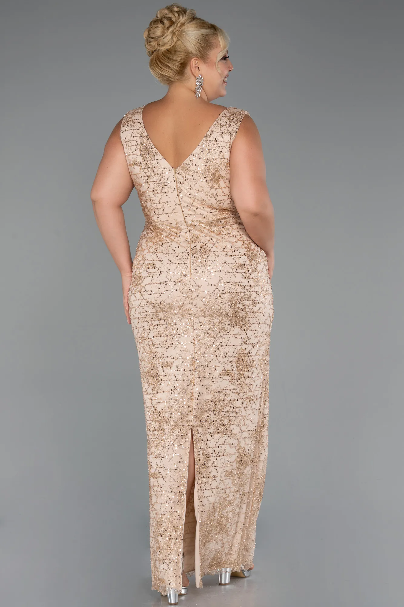 Gold-Long Beaded Formal Plus Size Dress ABU5190