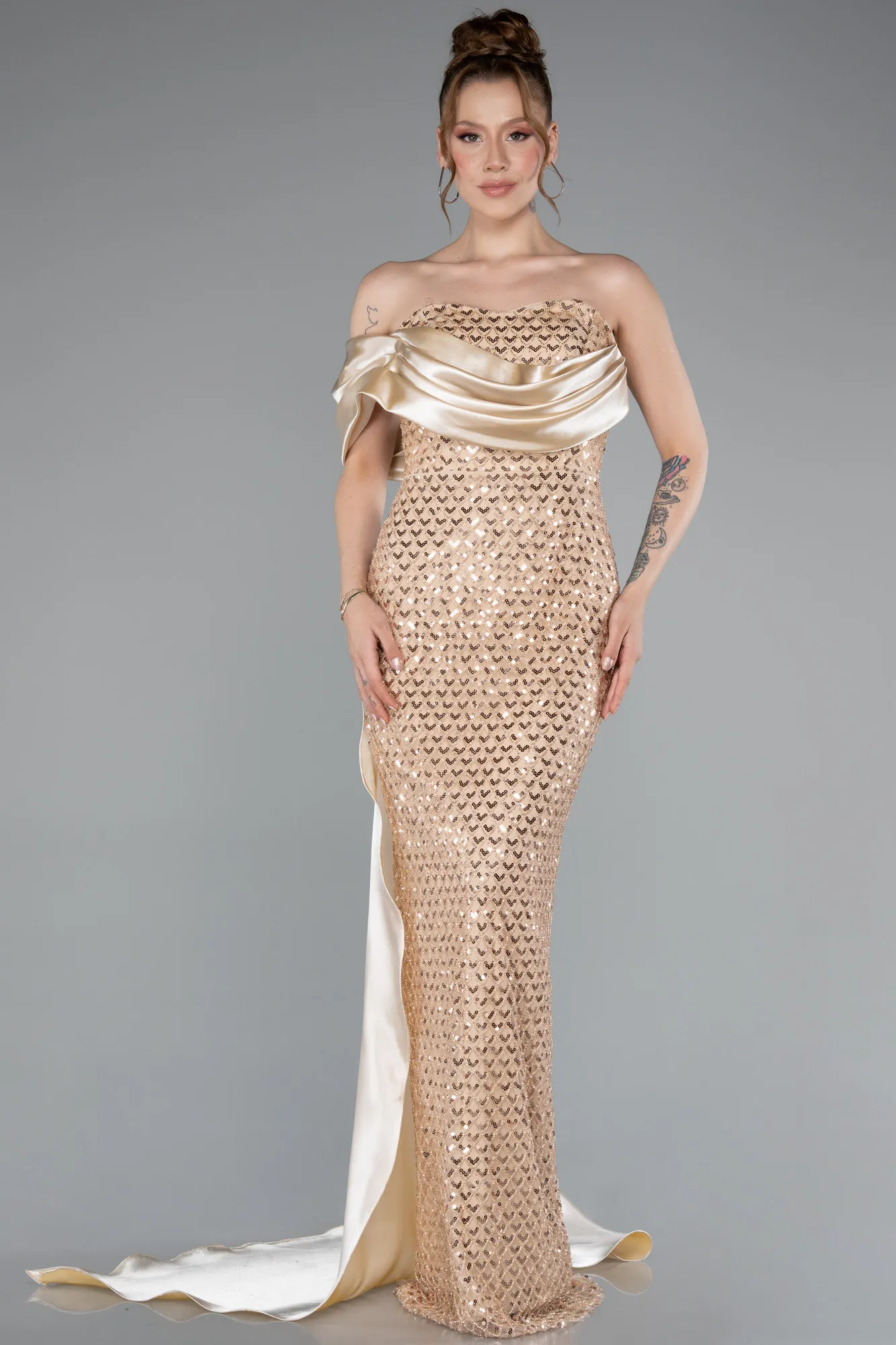 Gold-Long Beaded Mermaid Evening Gown ABU4986