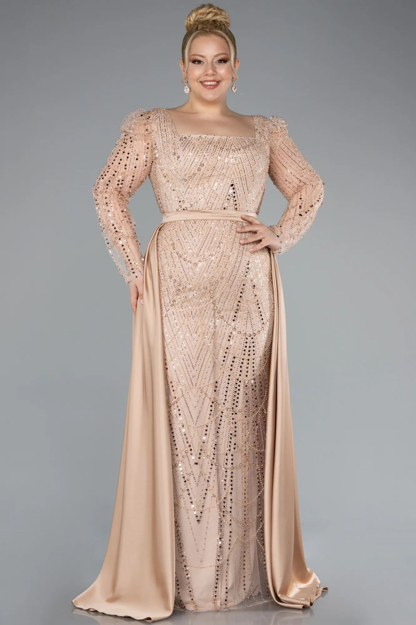 Gold-Long Beaded Plus Size Engagement Dress ABU4761