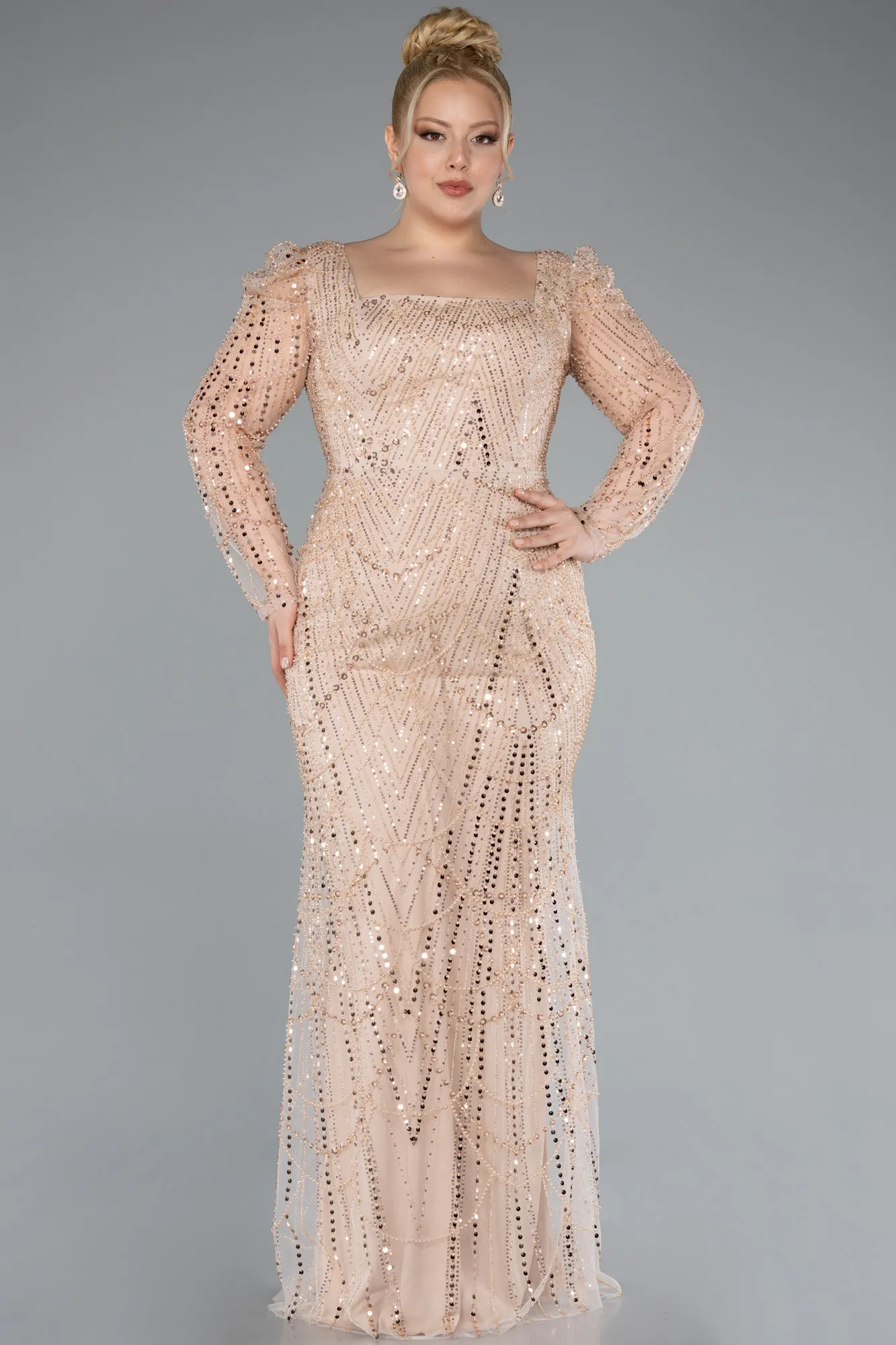 Gold-Long Beaded Plus Size Engagement Dress ABU4761