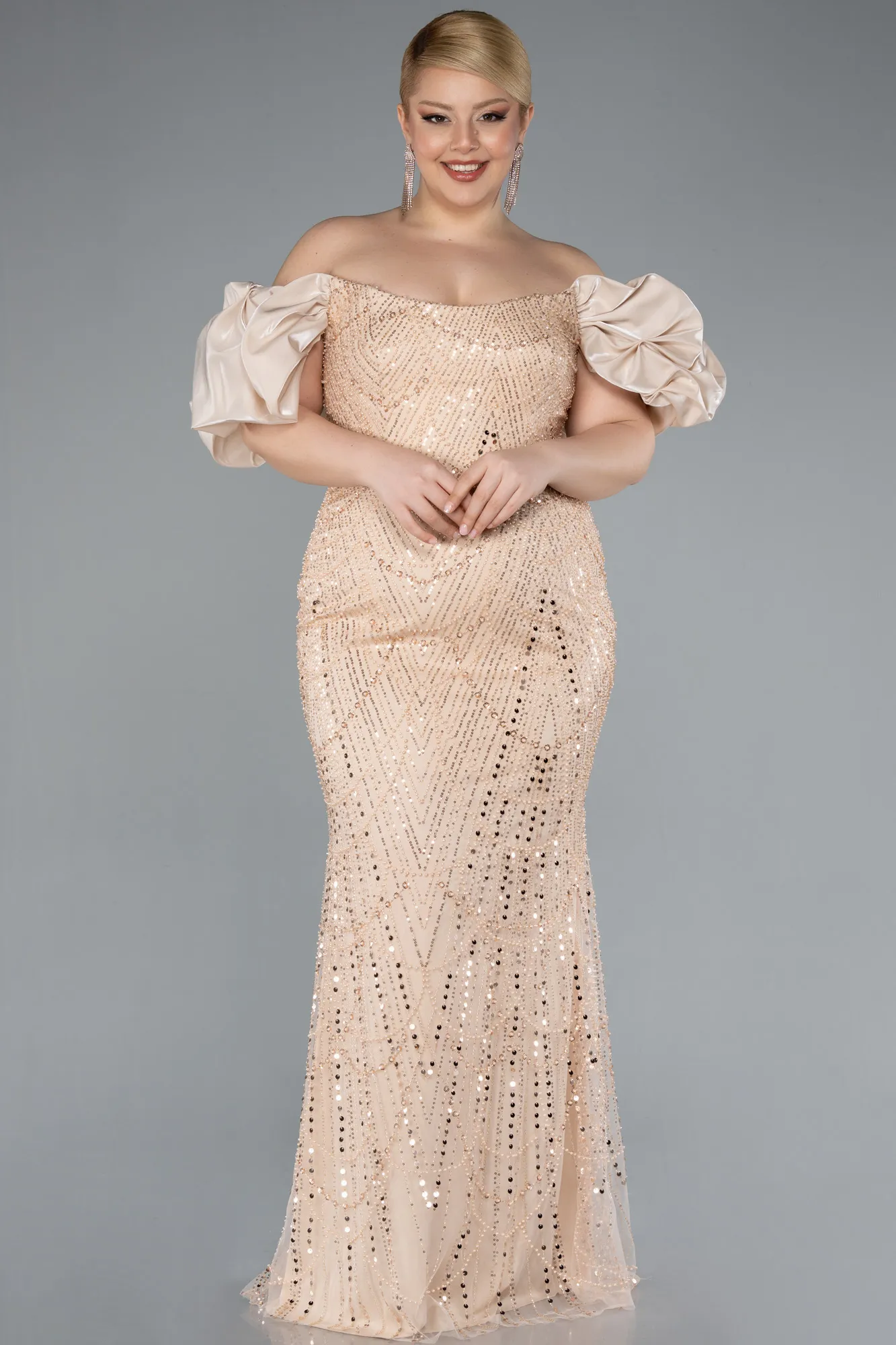 Gold-Long Beaded Plus Size Engagement Dress ABU4788