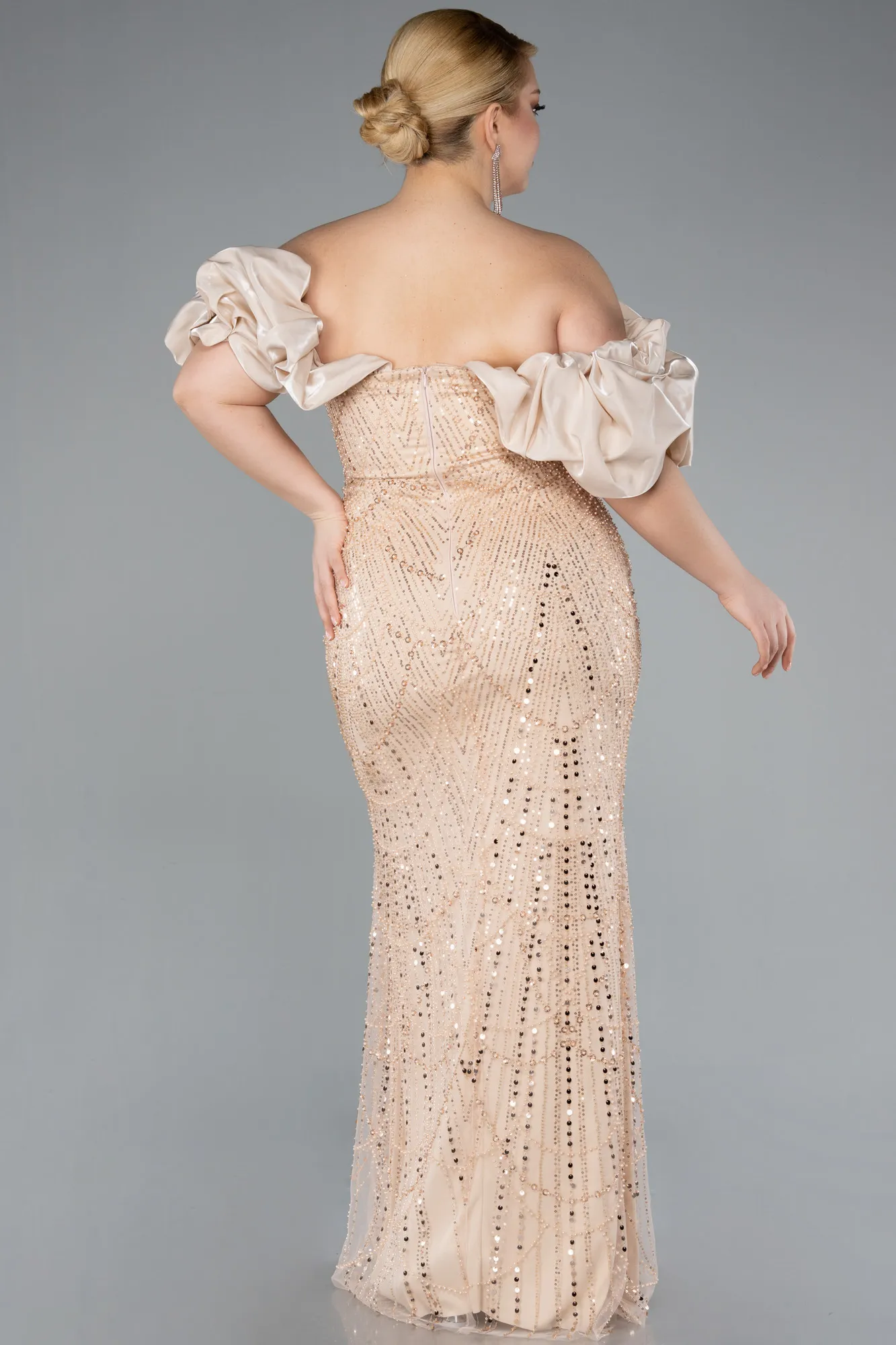 Gold-Long Beaded Plus Size Engagement Dress ABU4788