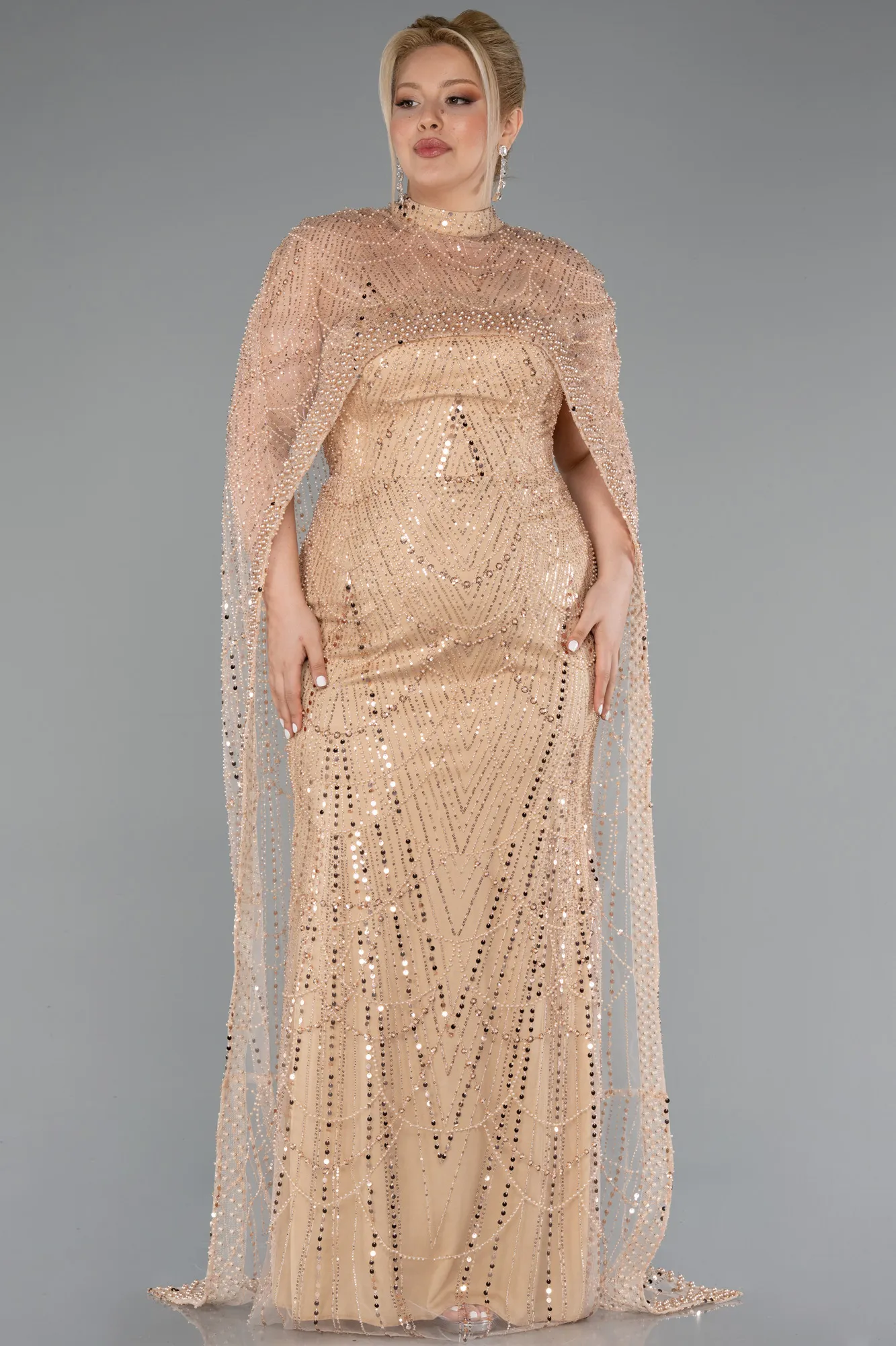 Gold-Long Beaded Plus Size Evening Gown ABU5010
