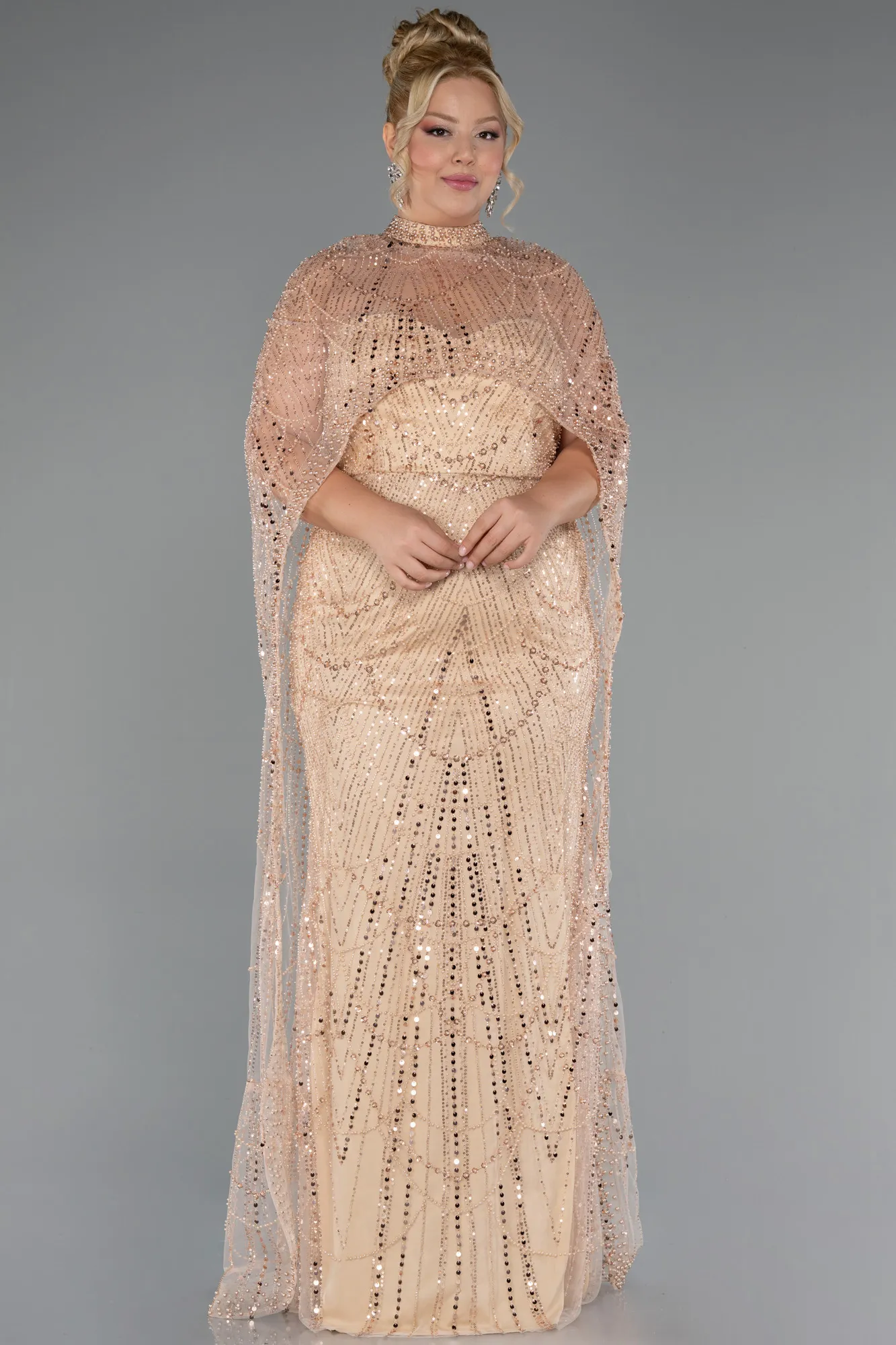 Gold-Long Beaded Plus Size Wedding Dress ABU5328