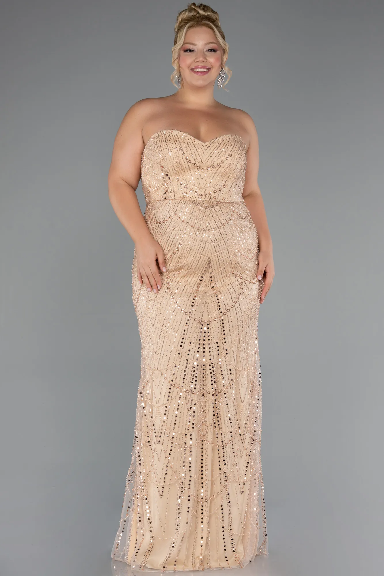 Gold-Long Beaded Plus Size Wedding Dress ABU5328