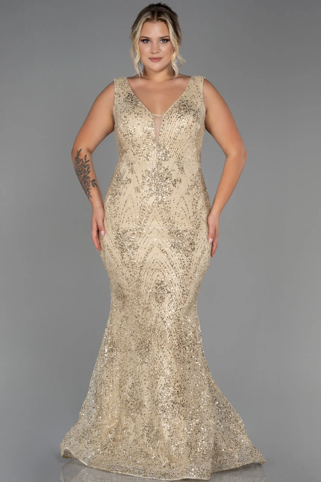 Gold-Long Plus Size Evening Dress ABU3214