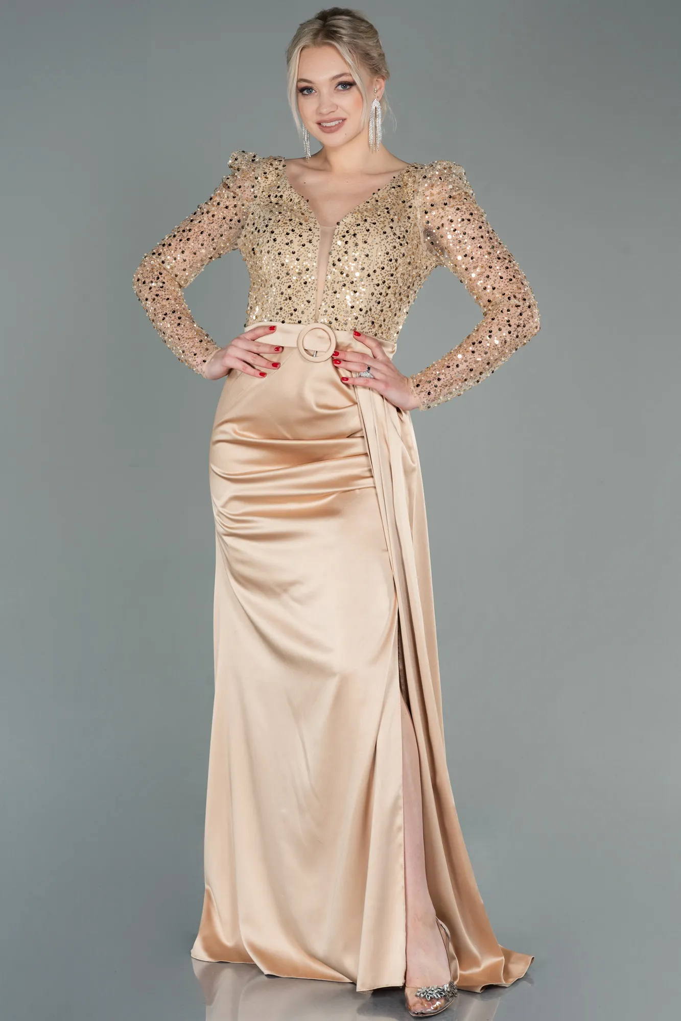 Gold-Long Satin Evening Dress ABU2767