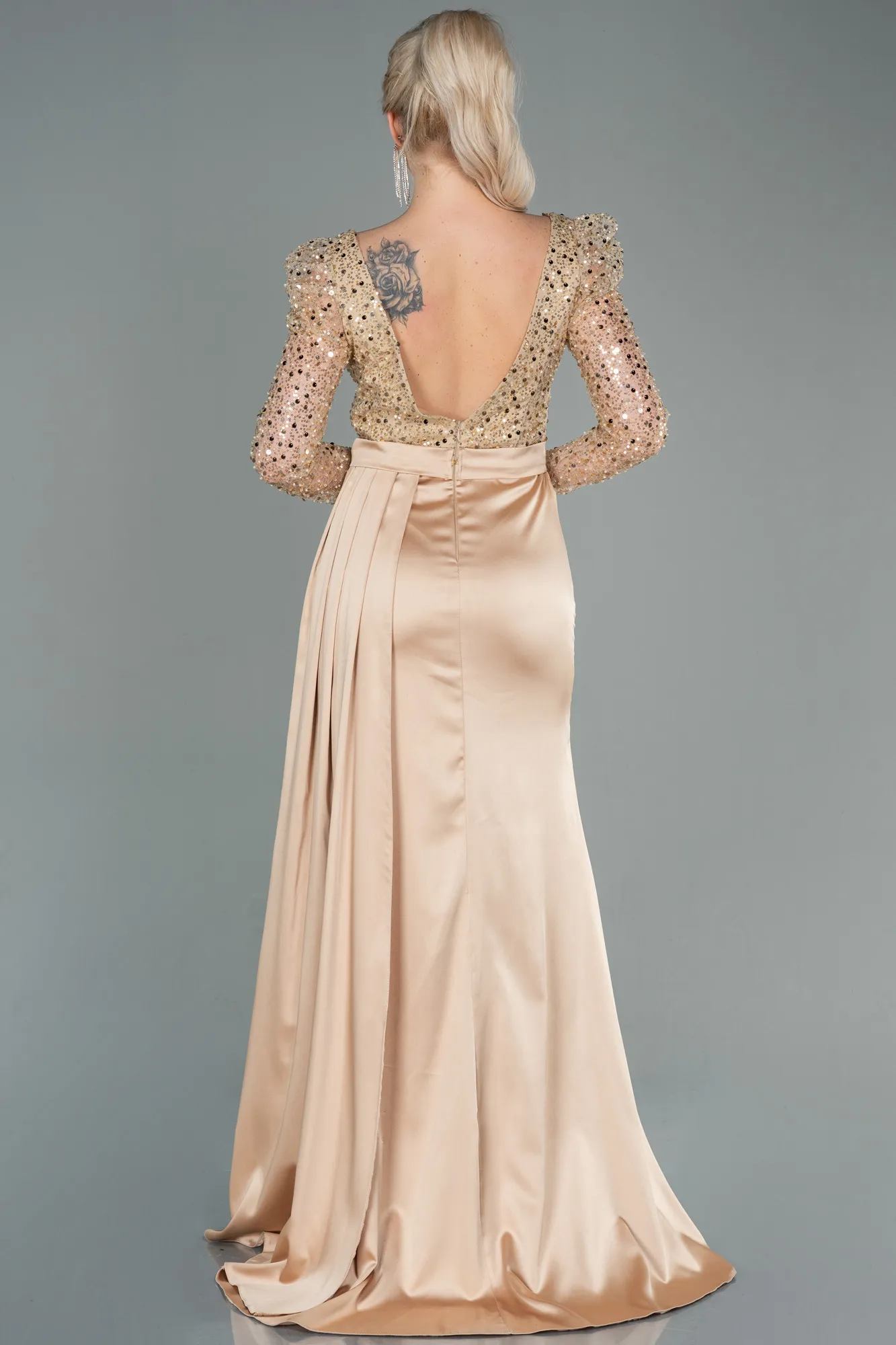 Gold-Long Satin Evening Dress ABU2767