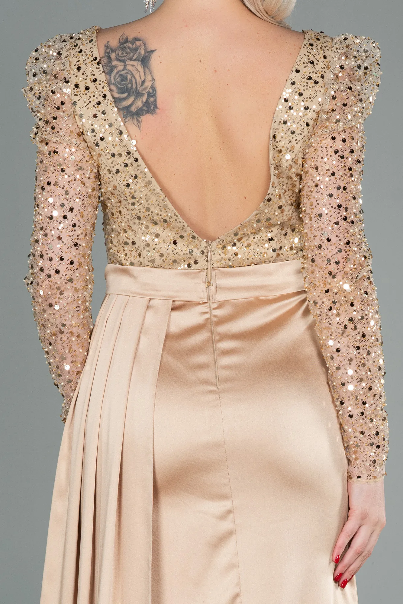 Gold-Long Satin Evening Dress ABU2767