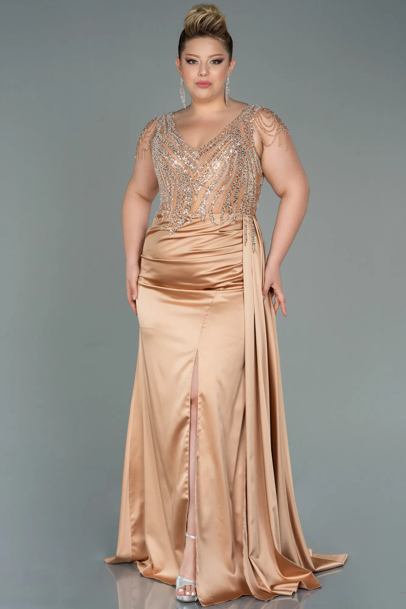 Gold-Long Satin Plus Size Evening Dress ABU3169