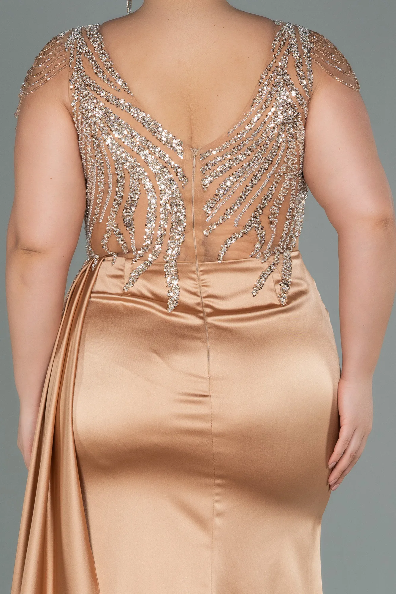 Gold-Long Satin Plus Size Evening Dress ABU3169