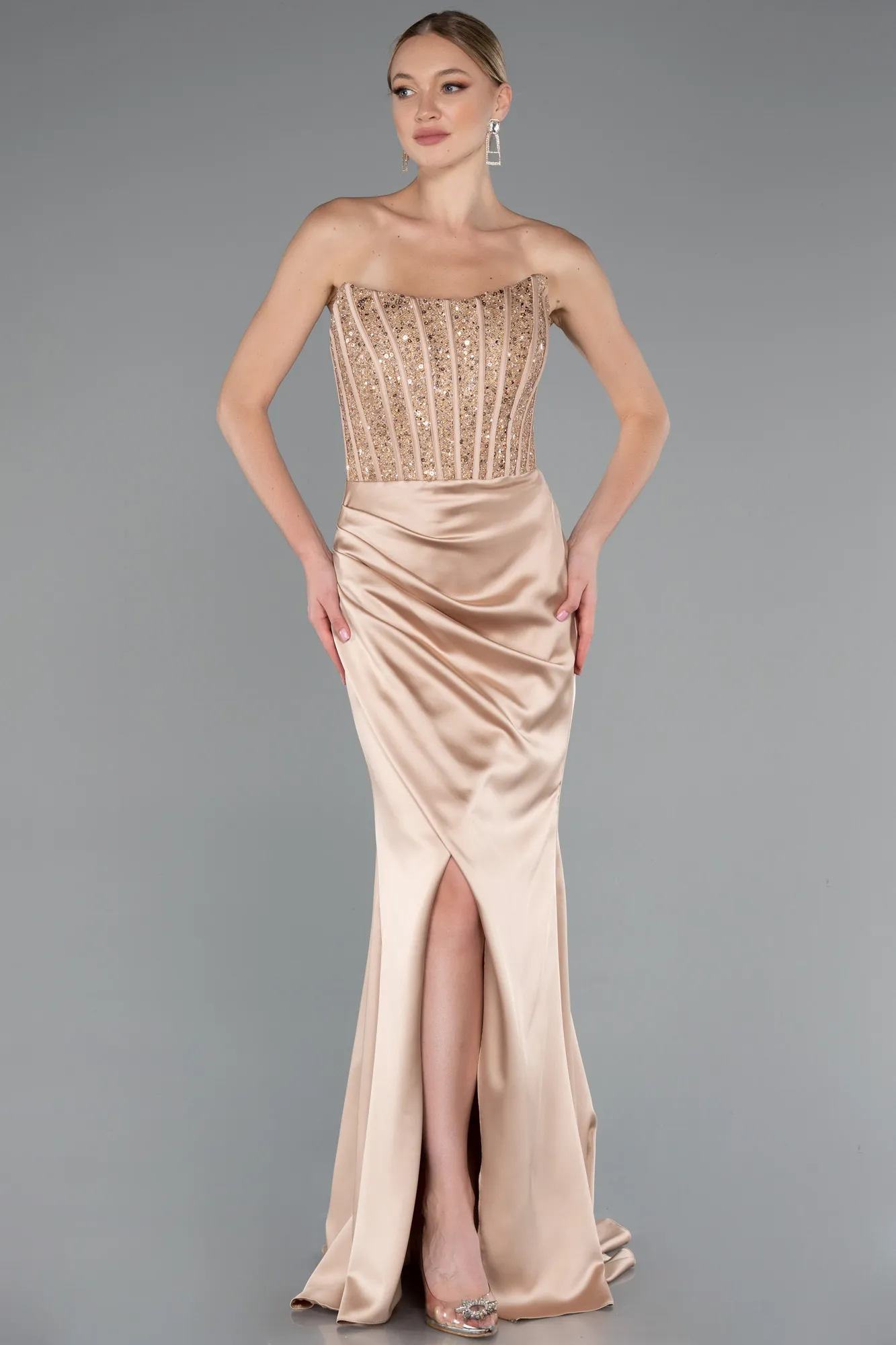 Gold-Long Satin Prom Gown ABU3883