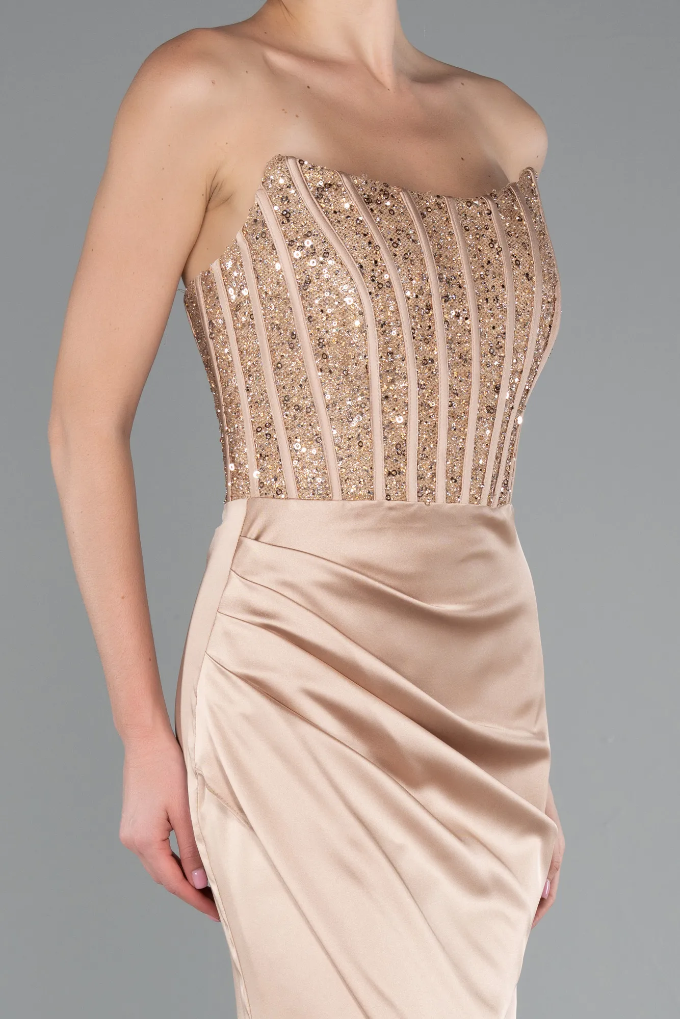 Gold-Long Satin Prom Gown ABU3883