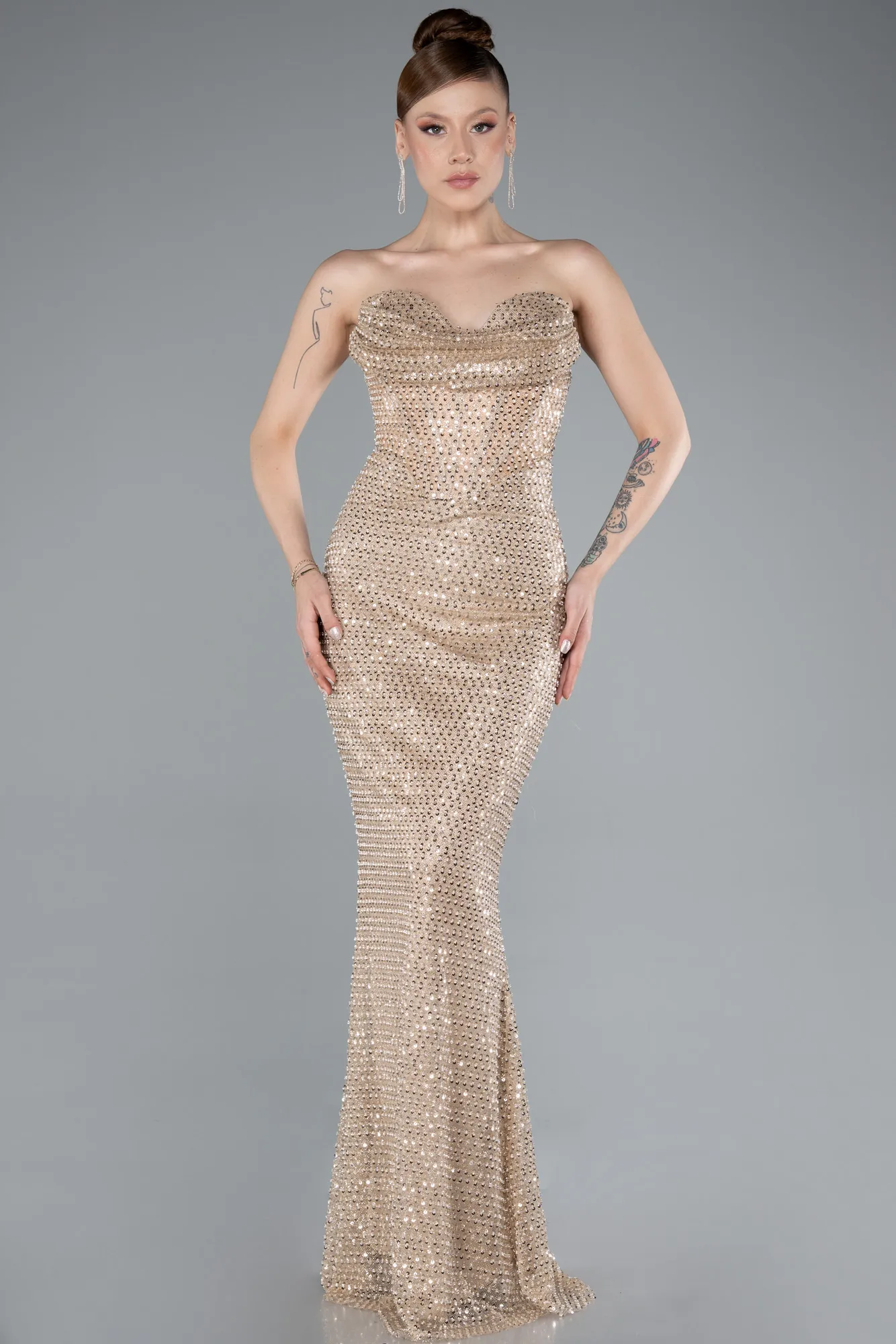 Gold-Long Scaly Mermaid Evening Gown ABU3970