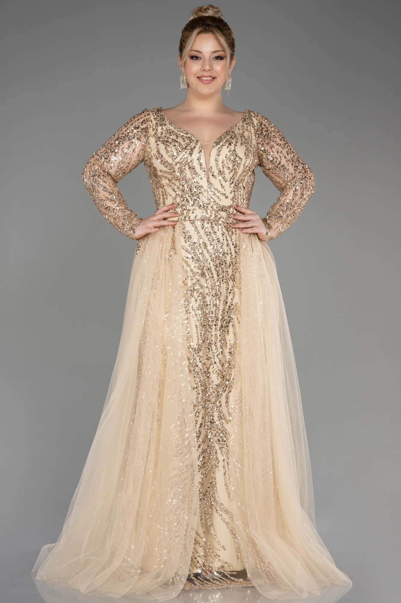Gold-Long Scaly Plus Size Evening Gown ABU3837