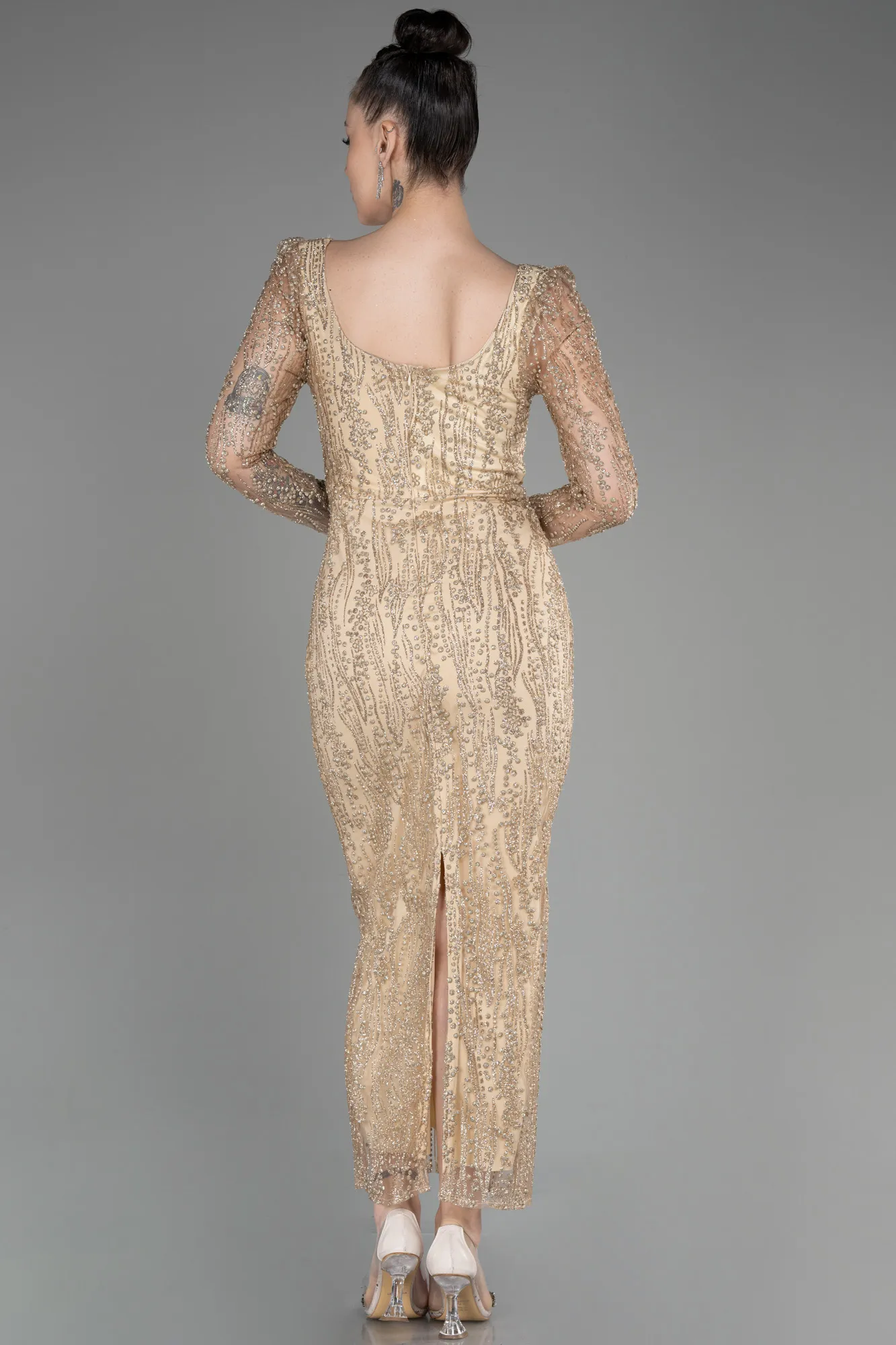 Gold-Long Sleeve Midi Cocktail Dress ABK2025