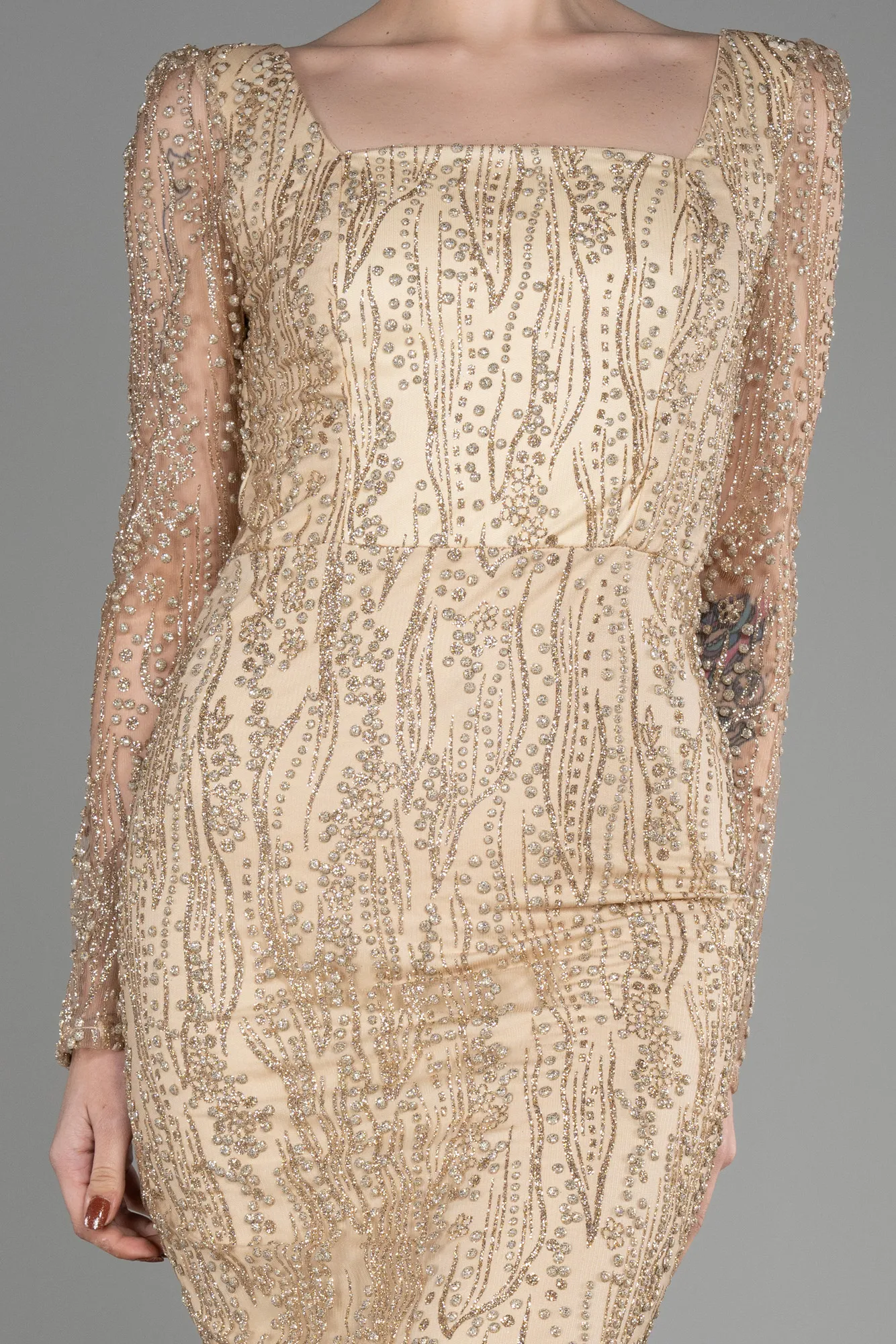 Gold-Long Sleeve Midi Cocktail Dress ABK2025