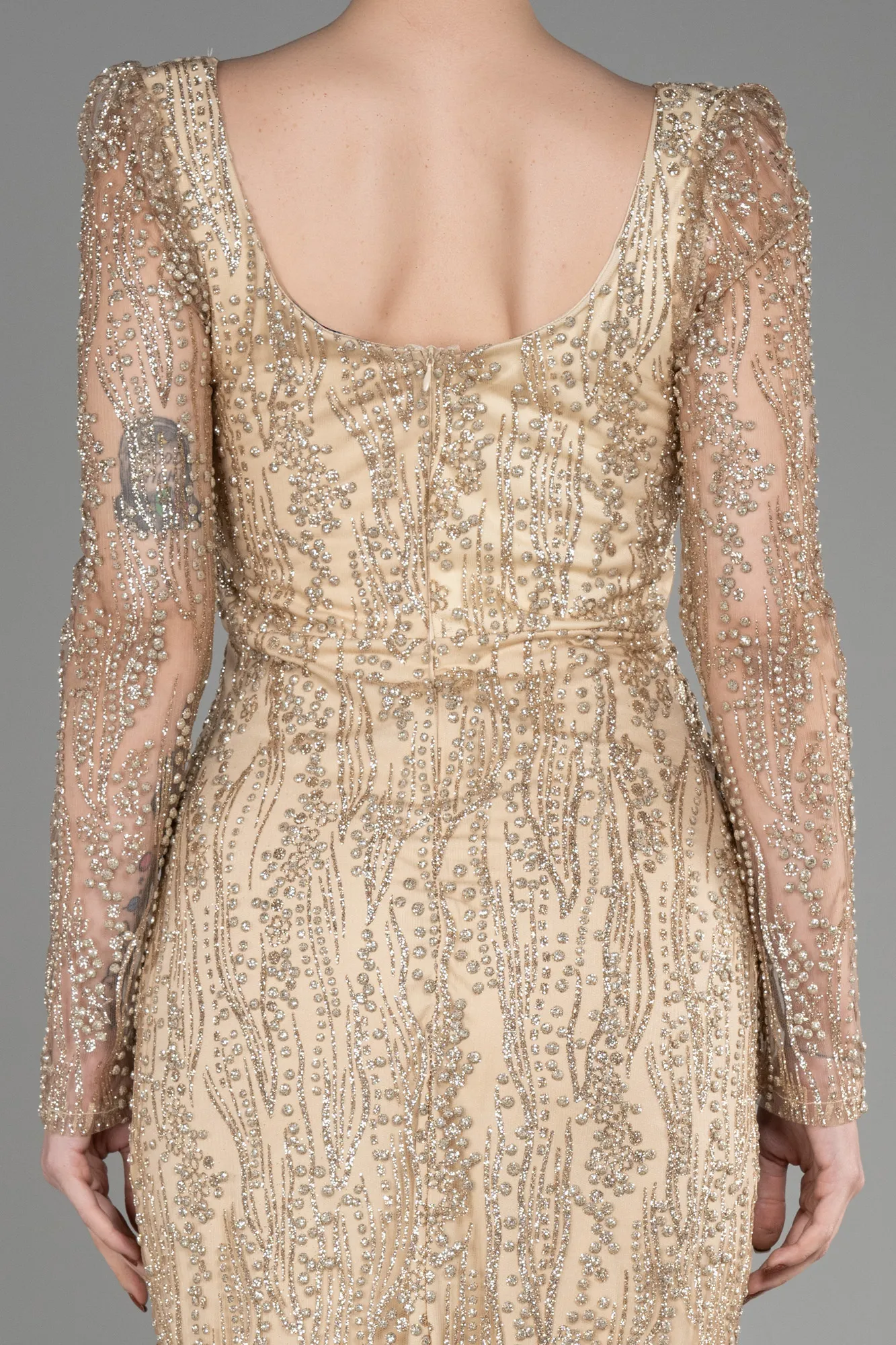 Gold-Long Sleeve Midi Cocktail Dress ABK2025