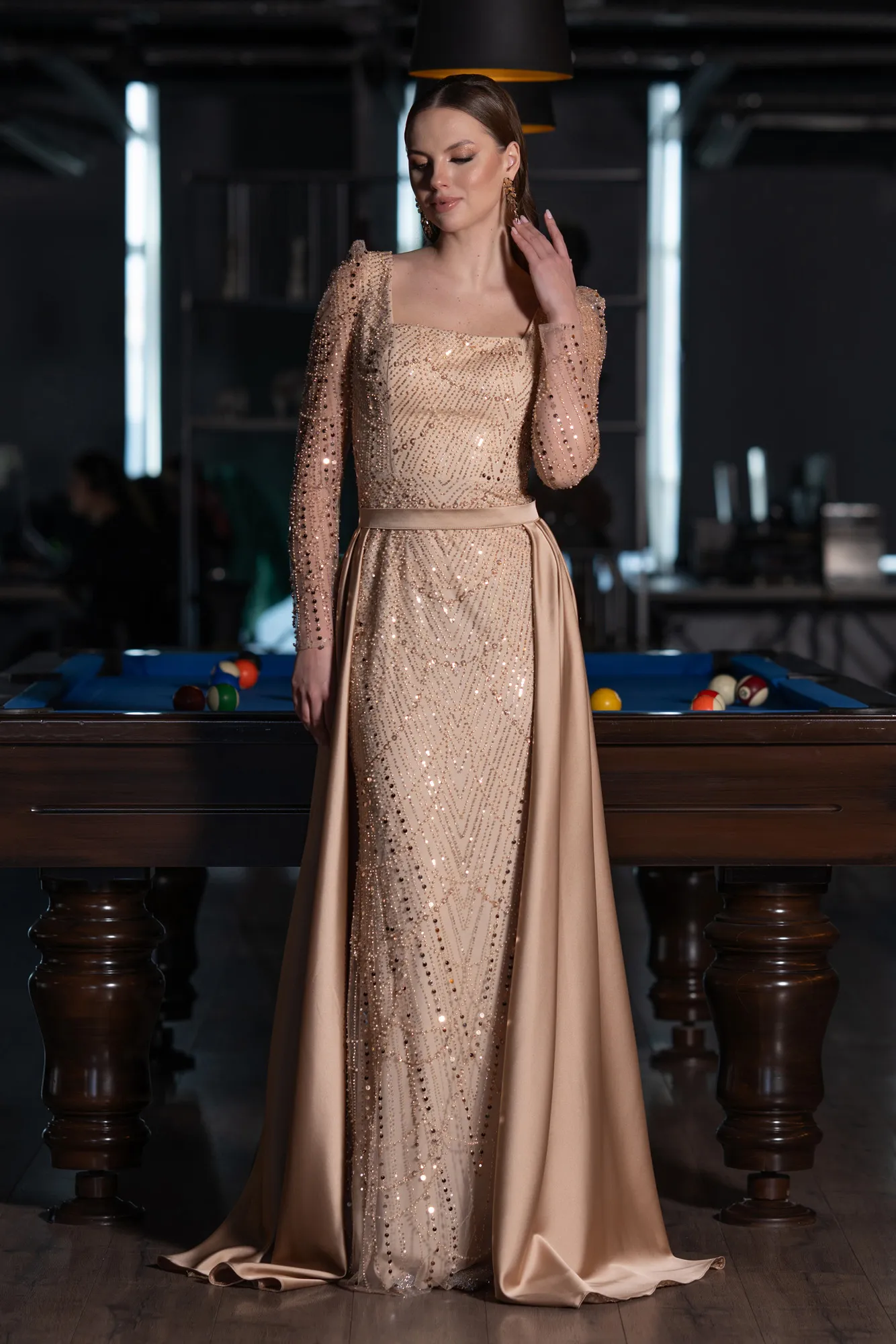 Gold-Long Sleeve Stone Embellished Satin Train Evening Dress ABU4603
