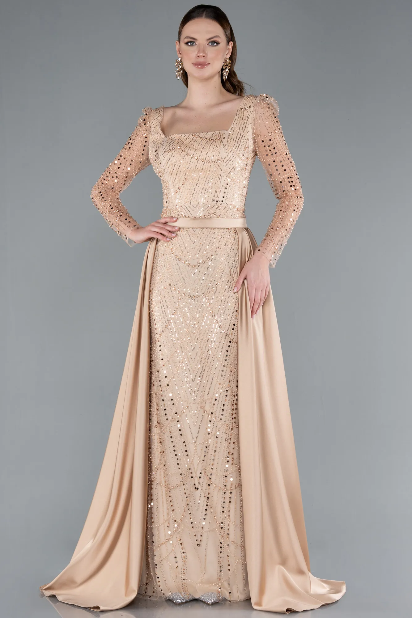 Gold-Long Sleeve Stone Embellished Satin Train Evening Dress ABU4603