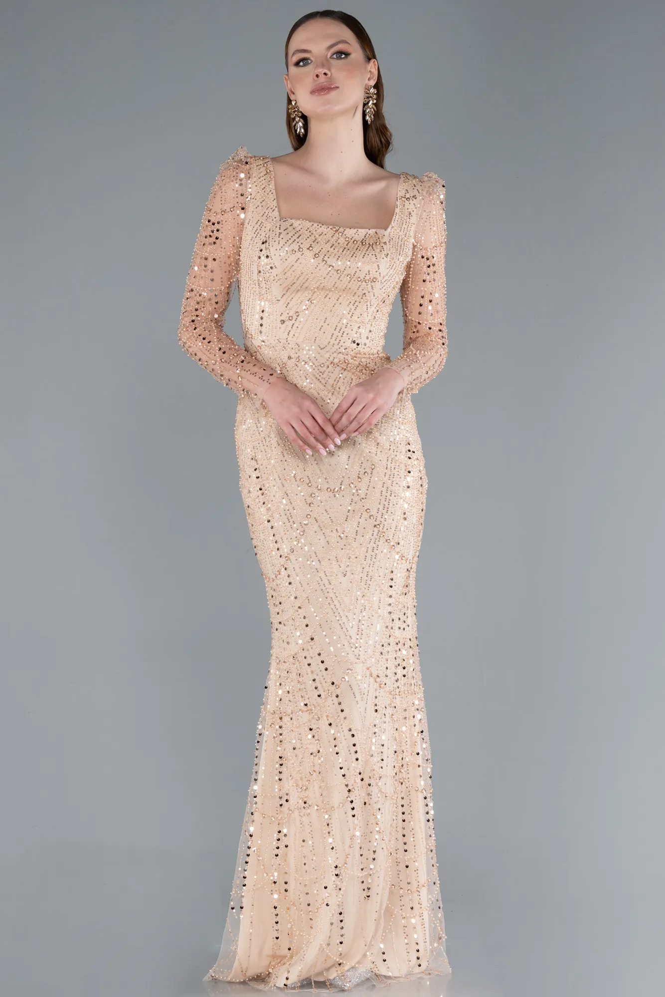 Gold-Long Sleeve Stone Embellished Satin Train Evening Dress ABU4603