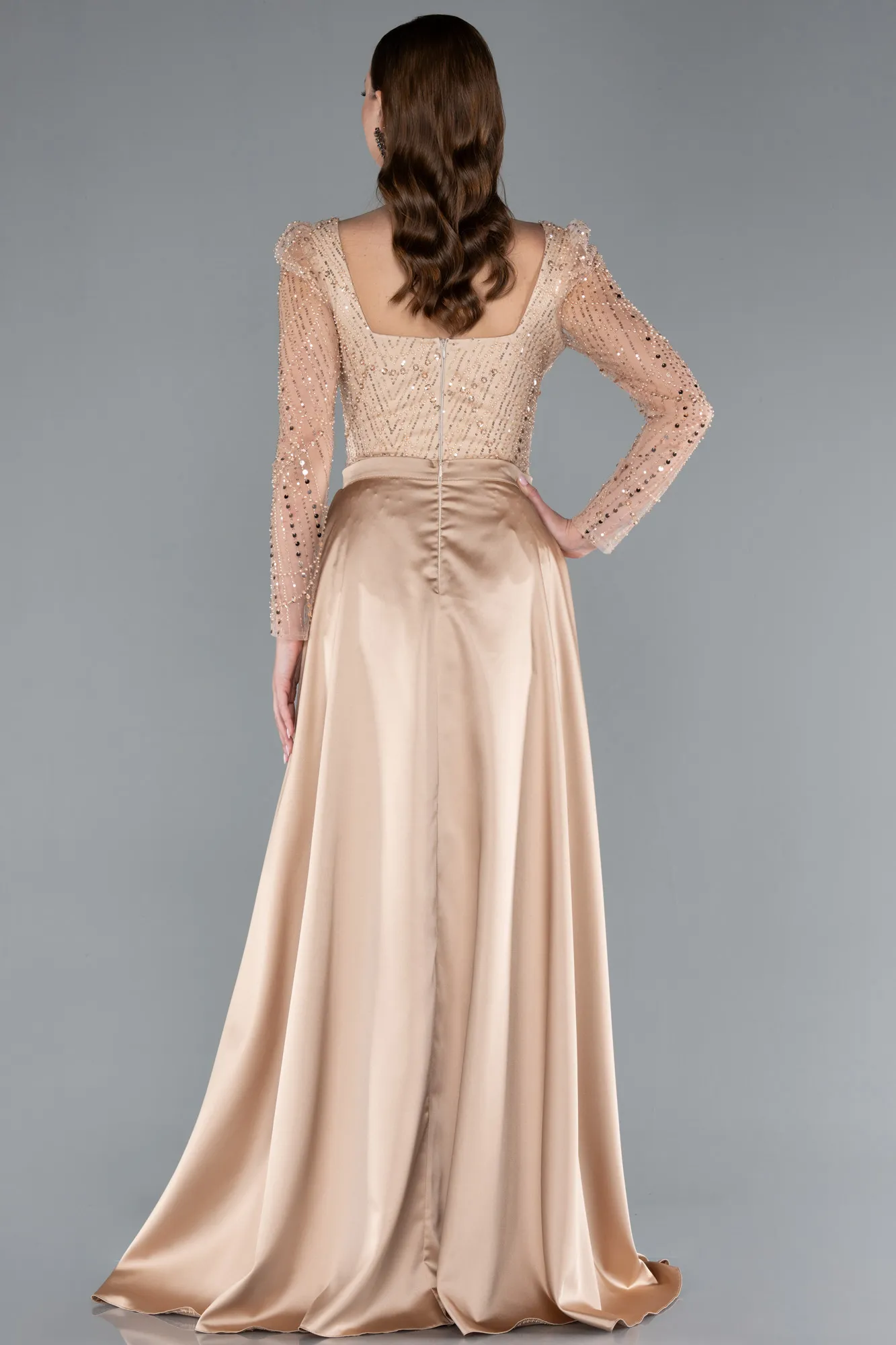 Gold-Long Sleeve Stone Embellished Satin Train Evening Dress ABU4603