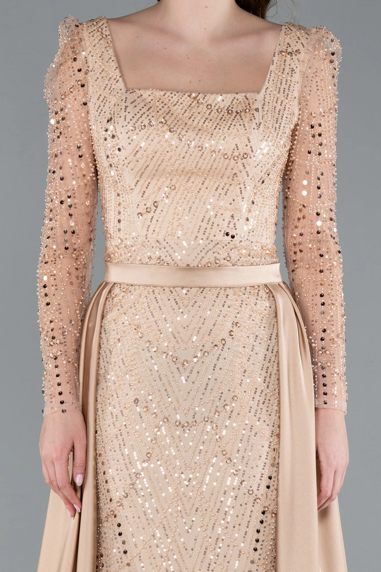 Gold-Long Sleeve Stone Embellished Satin Train Evening Dress ABU4603